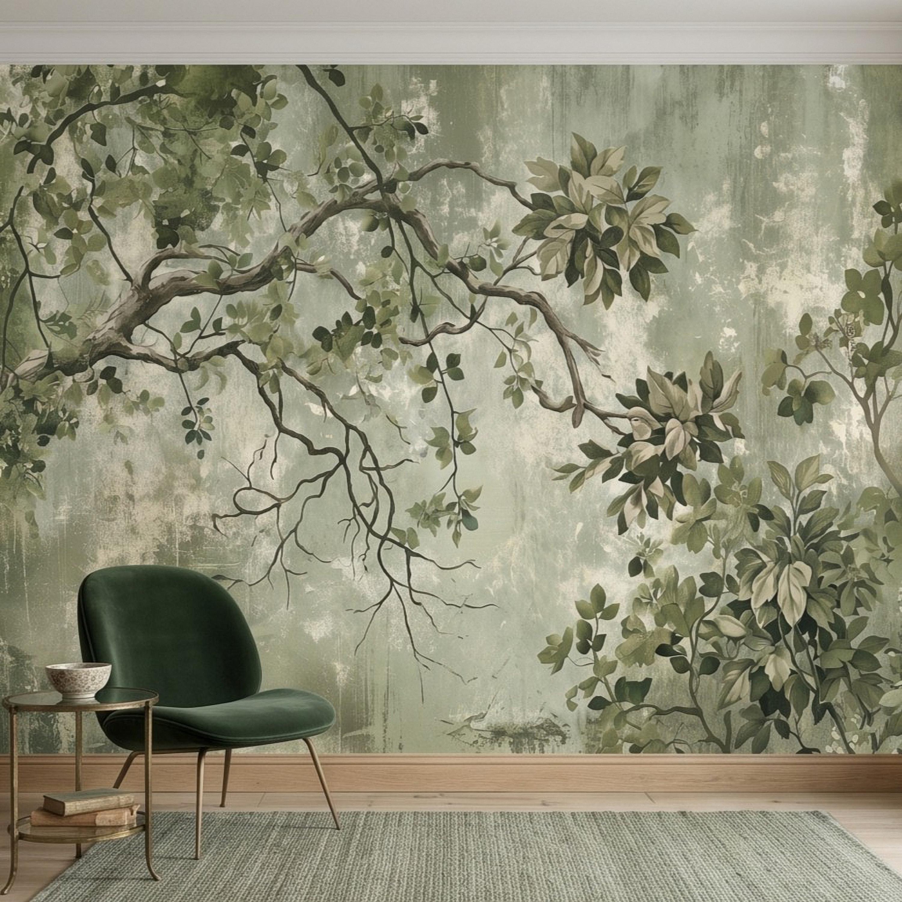 Sage Green Botanical Peel and Stick Wall Mural, Vintage Tree Branches Painterly Foliage Organic Nature Wallpaper