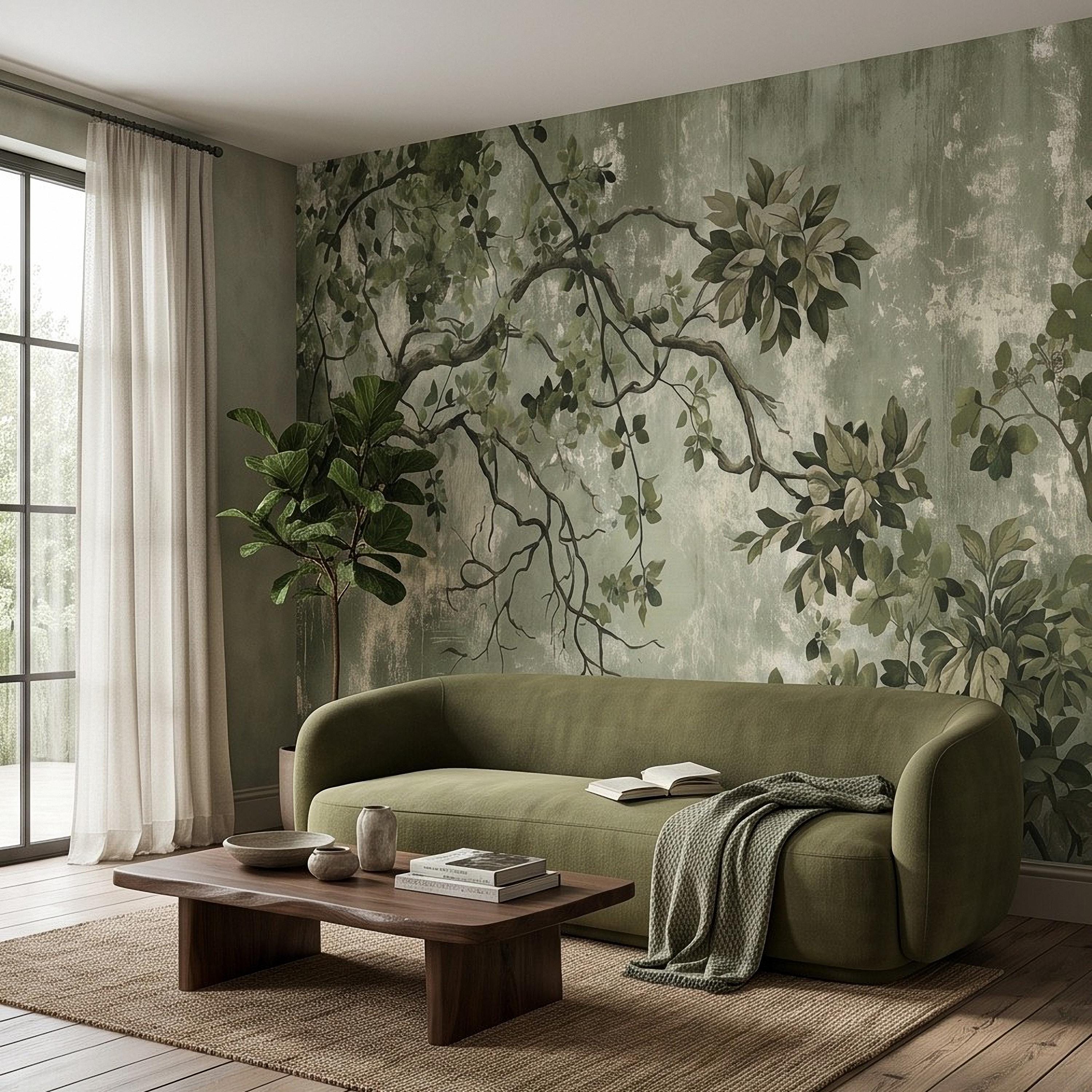 Sage Green Botanical Peel and Stick Wall Mural, Vintage Tree Branches Painterly Foliage Organic Nature Wallpaper