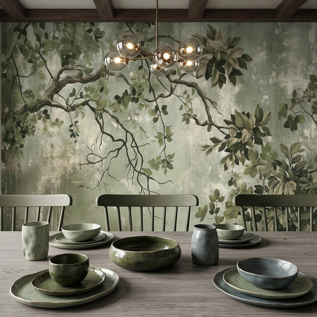 Sage Green Botanical Peel and Stick Wall Mural, Vintage Tree Branches Painterly Foliage Organic Nature Wallpaper