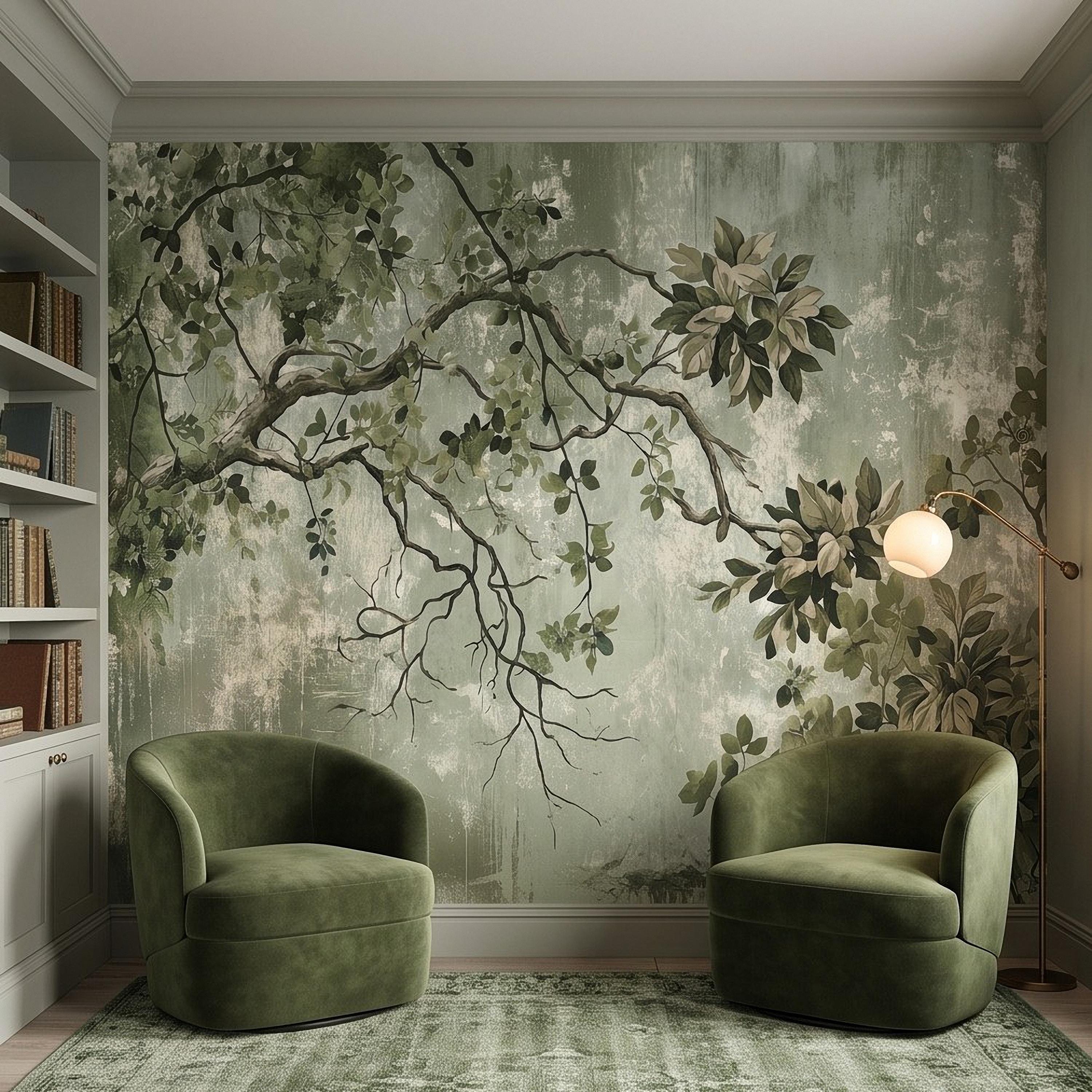 Sage Green Botanical Peel and Stick Wall Mural, Vintage Tree Branches Painterly Foliage Organic Nature Wallpaper