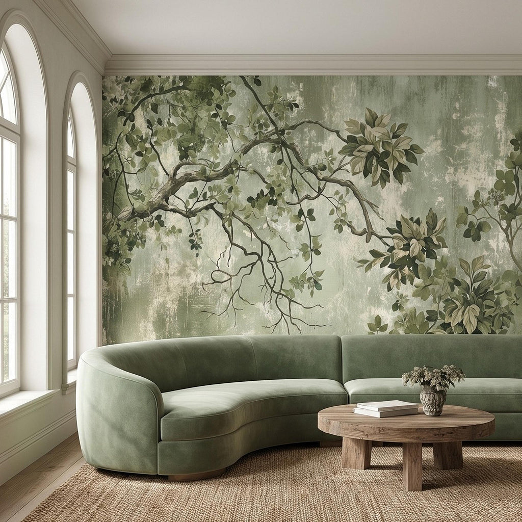 Sage Green Botanical Peel and Stick Wall Mural, Vintage Tree Branches Painterly Foliage Organic Nature Wallpaper