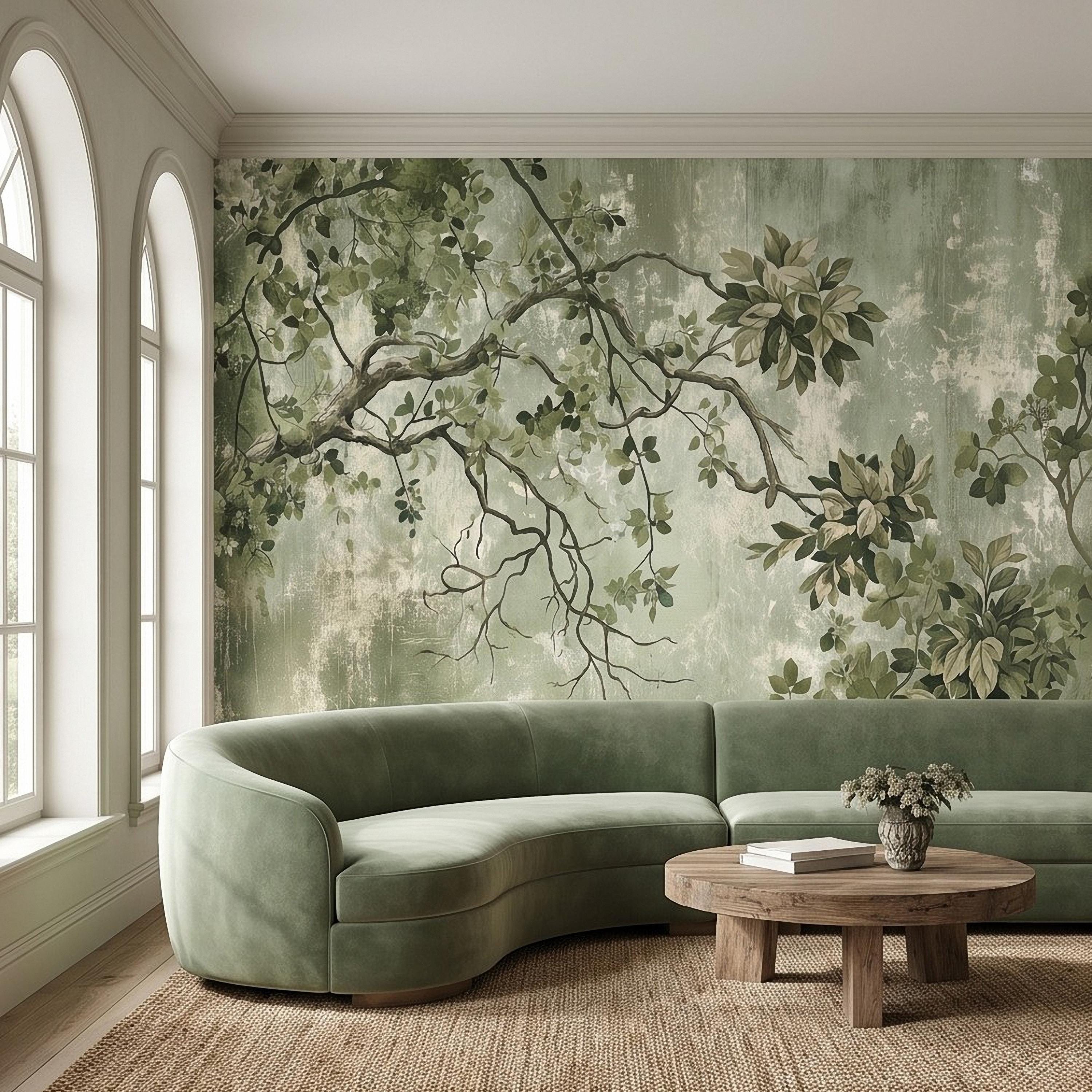 Sage Green Botanical Peel and Stick Wall Mural, Vintage Tree Branches Painterly Foliage Organic Nature Wallpaper