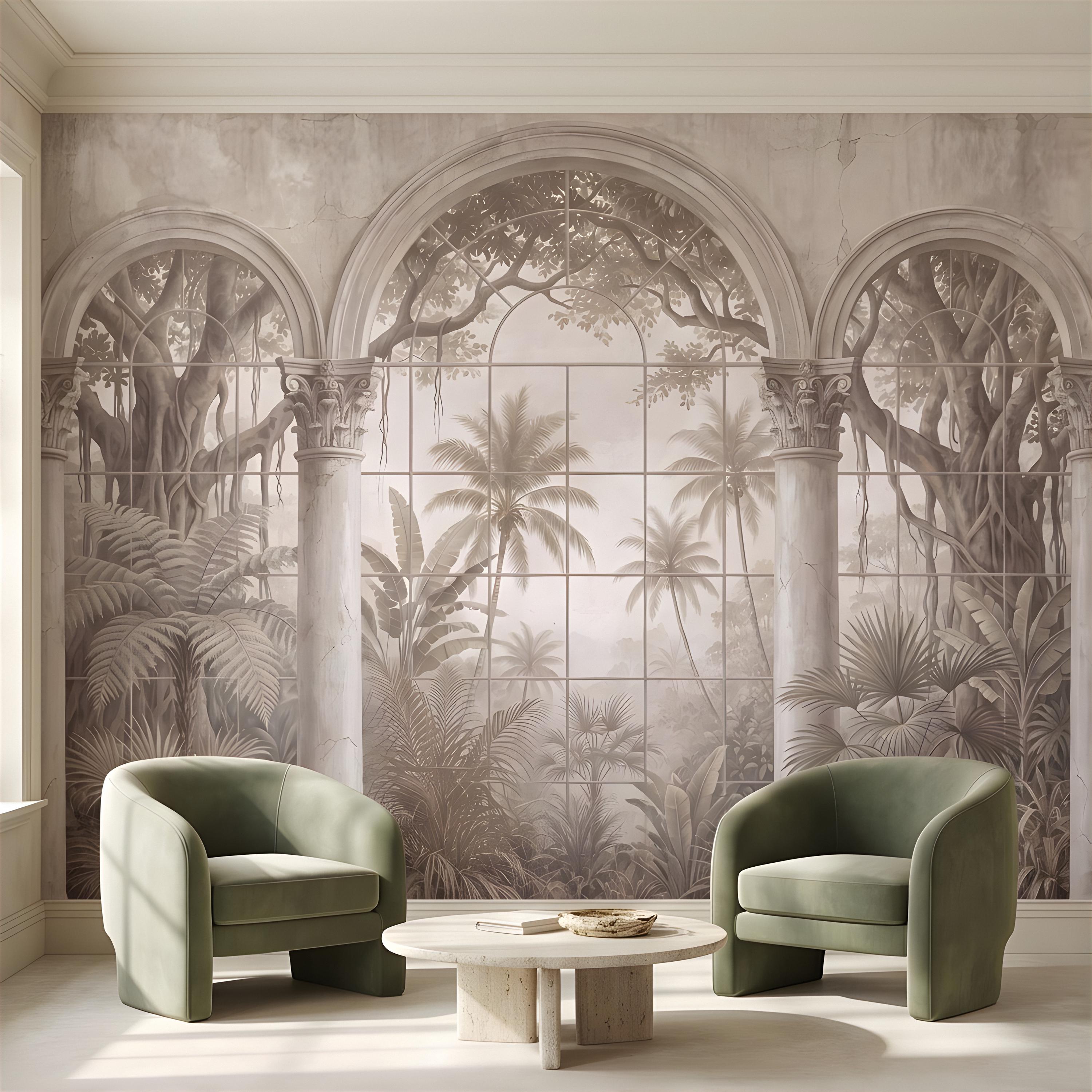 Vintage Arched Window Peel and Stick Wall Mural, Tropical Garden View Stone Columns Scenic Wallpaper