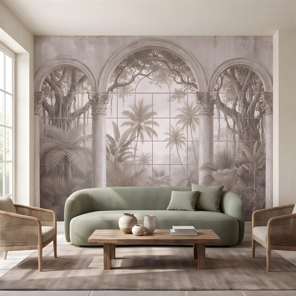 Vintage Arched Window Peel and Stick Wall Mural, Tropical Garden View Stone Columns Scenic Wallpaper