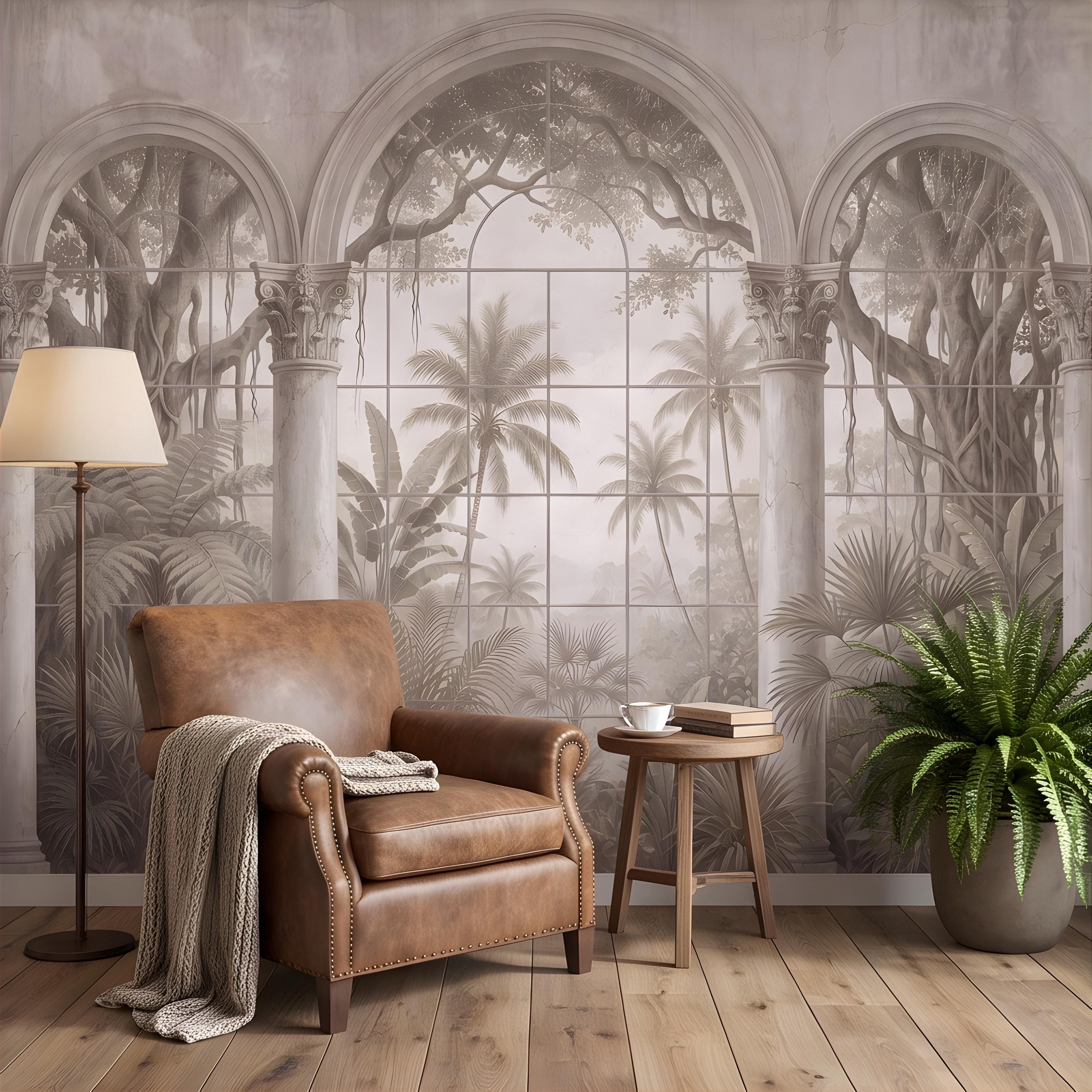 Vintage Arched Window Peel and Stick Wall Mural, Tropical Garden View Stone Columns Scenic Wallpaper