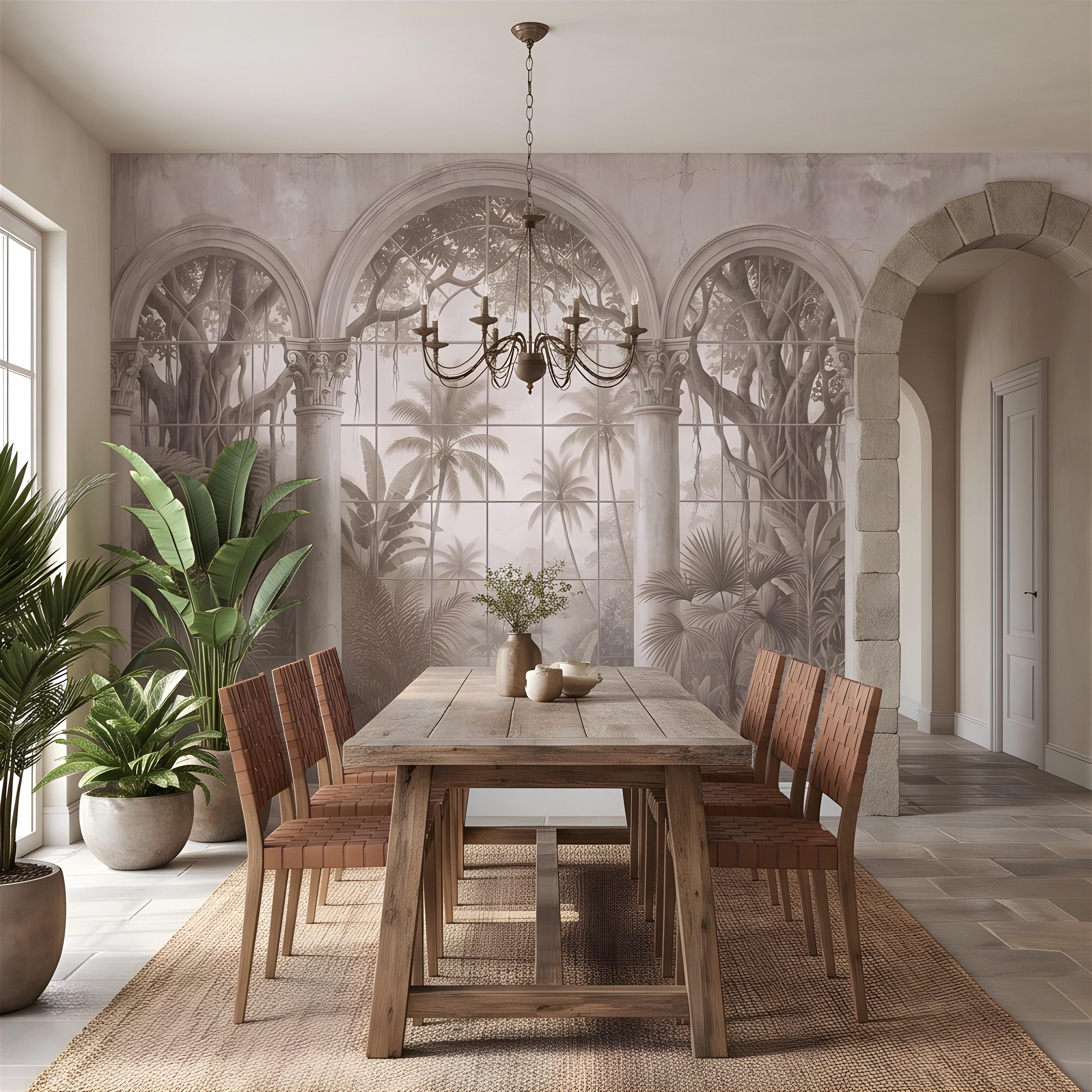 Vintage Arched Window Peel and Stick Wall Mural, Tropical Garden View Stone Columns Scenic Wallpaper