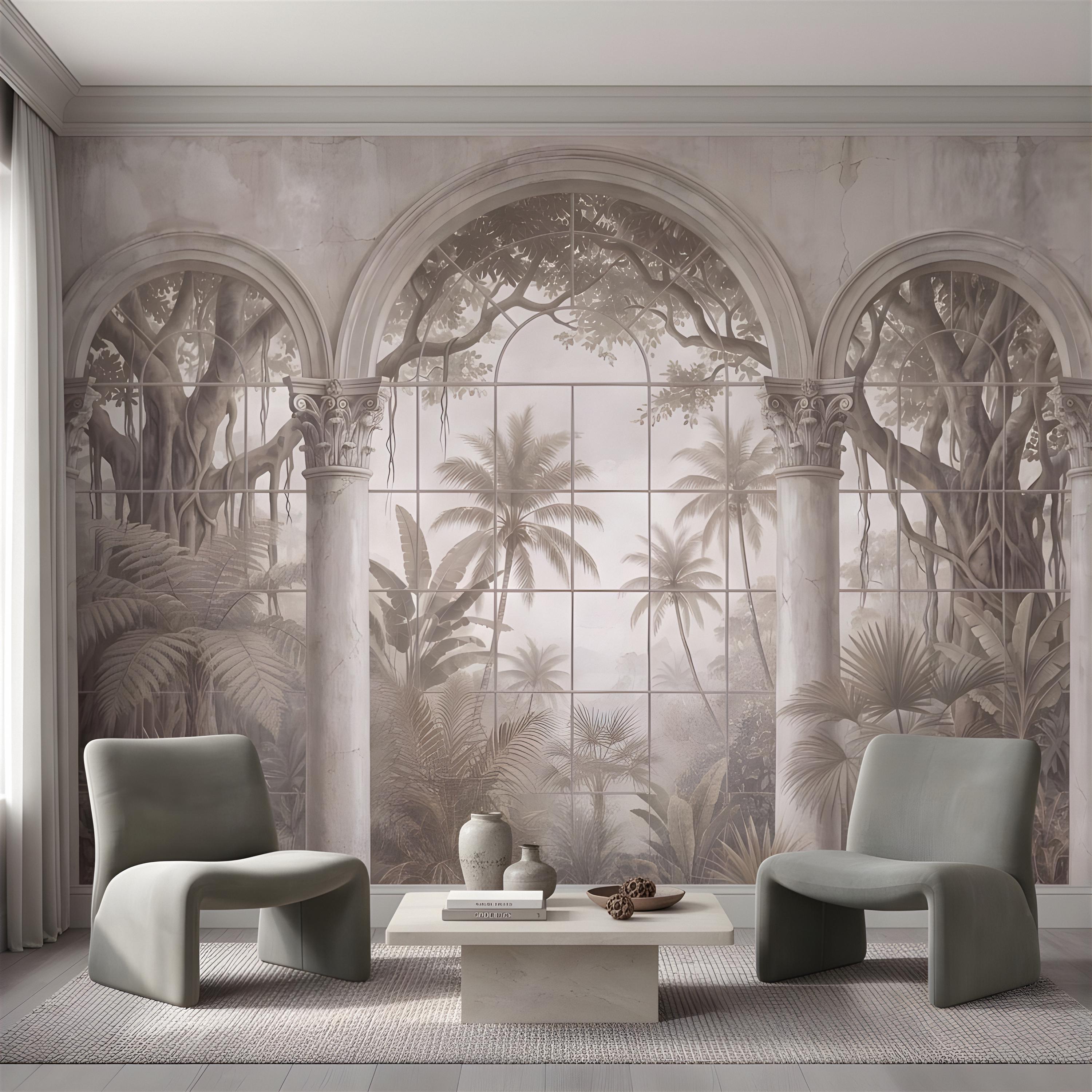 Vintage Arched Window Peel and Stick Wall Mural, Tropical Garden View Stone Columns Scenic Wallpaper