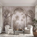 Vintage Arched Window Peel and Stick Wall Mural, Tropical Garden View Stone Columns Scenic Wallpaper