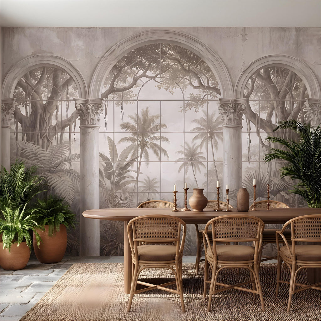 Vintage Arched Window Peel and Stick Wall Mural, Tropical Garden View Stone Columns Scenic Wallpaper