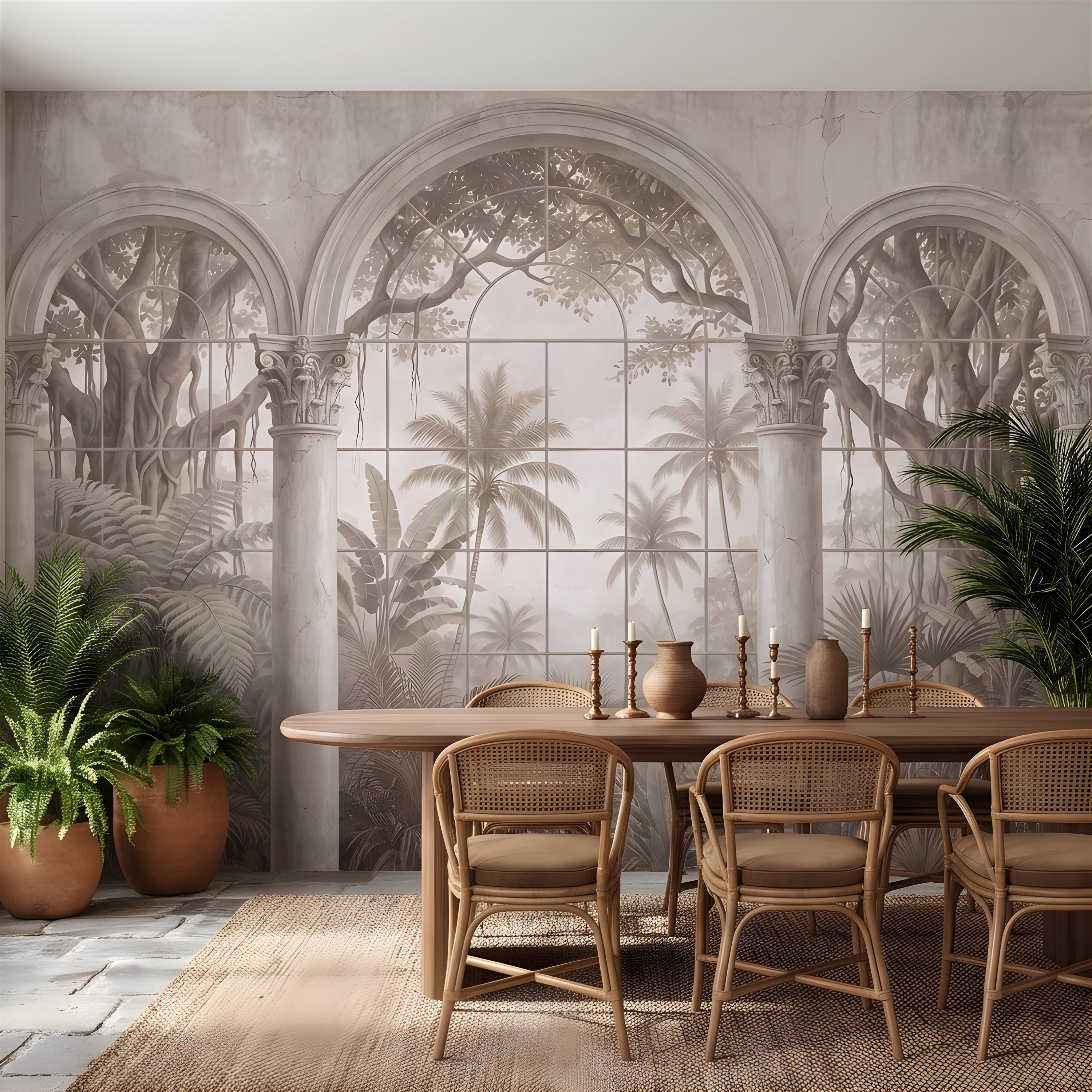 Vintage Arched Window Peel and Stick Wall Mural, Tropical Garden View Stone Columns Scenic Wallpaper