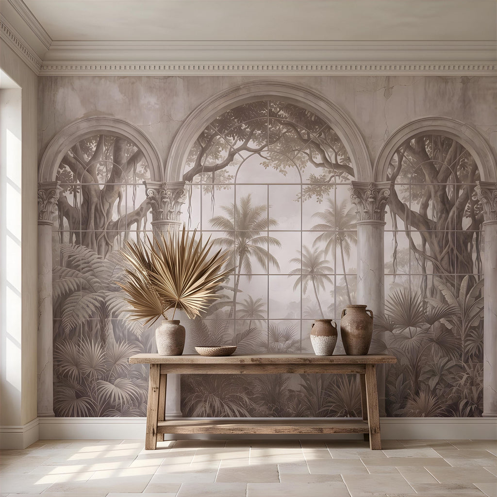 Vintage Arched Window Peel and Stick Wall Mural, Tropical Garden View Stone Columns Scenic Wallpaper