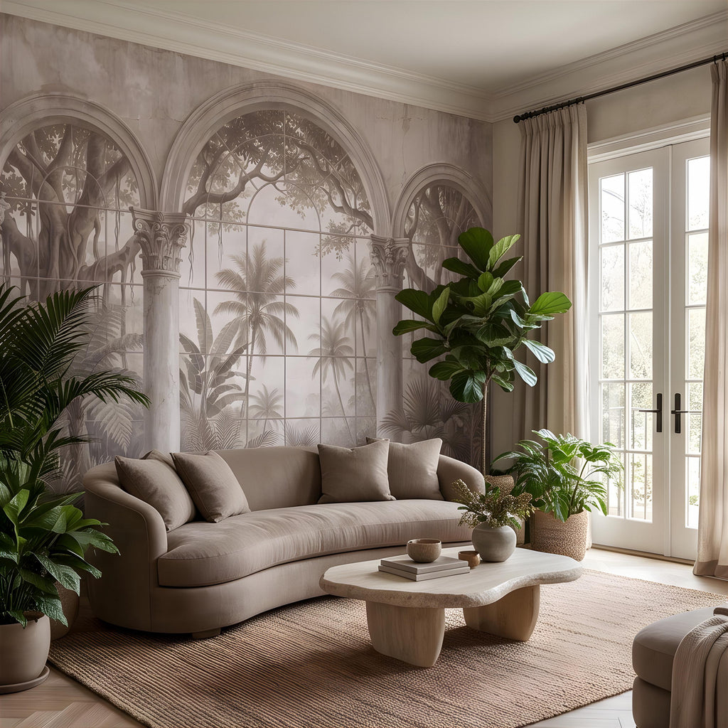 Vintage Arched Window Peel and Stick Wall Mural, Tropical Garden View Stone Columns Scenic Wallpaper