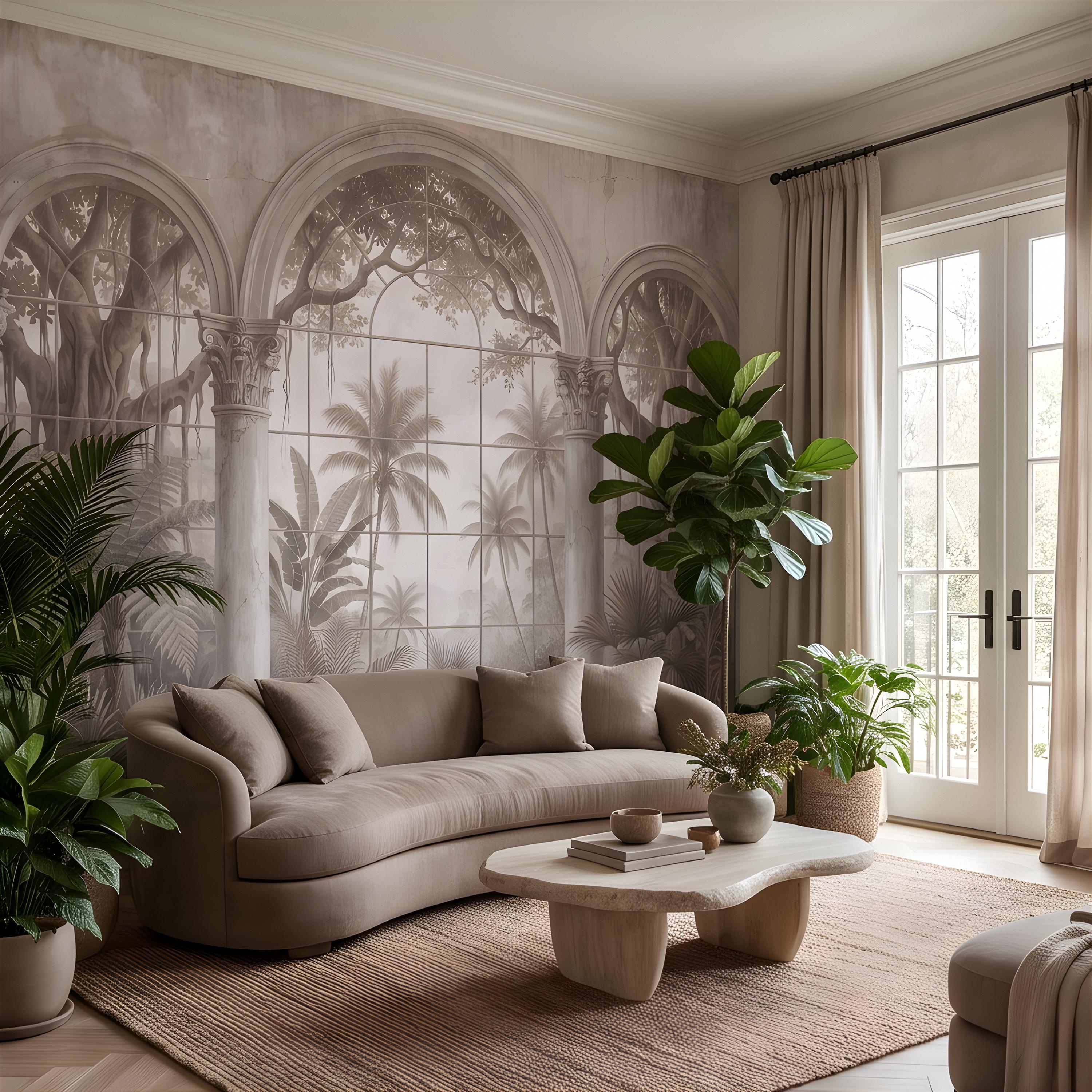 Vintage Arched Window Peel and Stick Wall Mural, Tropical Garden View Stone Columns Scenic Wallpaper