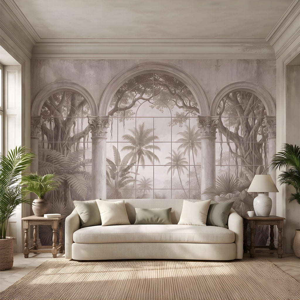 Vintage Arched Window Peel and Stick Wall Mural, Tropical Garden View Stone Columns Scenic Wallpaper