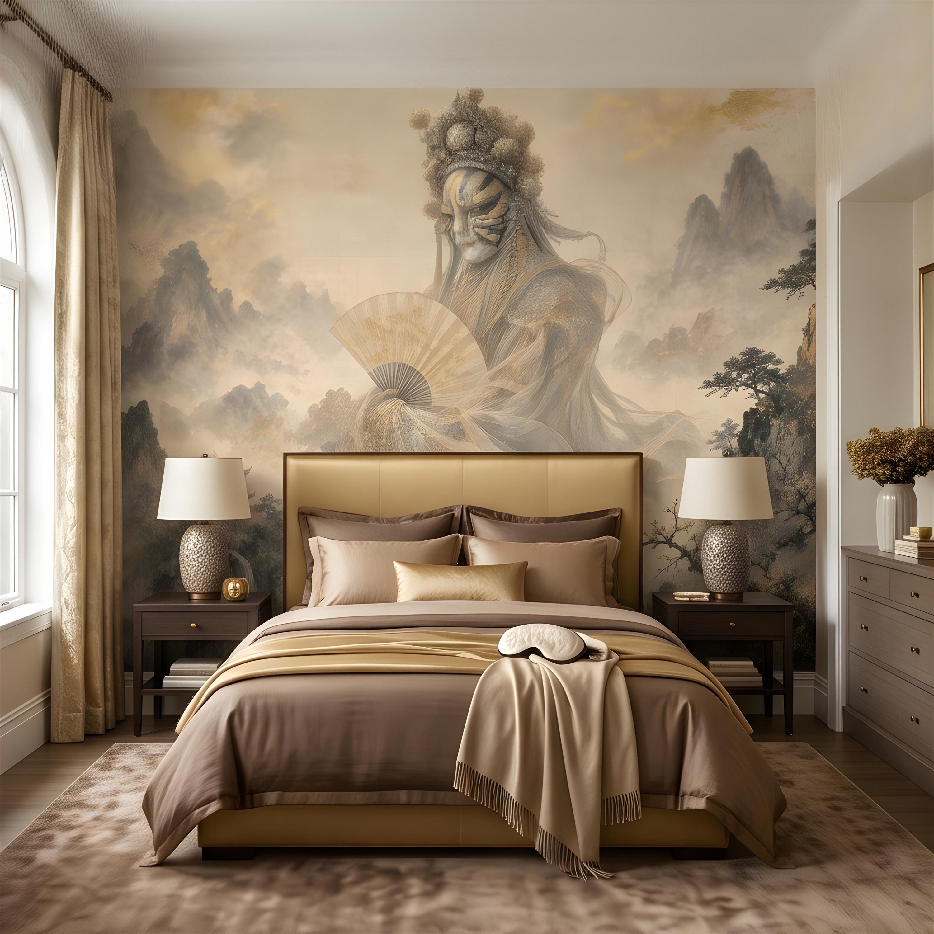 Mystic Oriental Figure Peel and Stick Wall Mural, Vintage Mountain Pagoda Landscape Traditional Asian Wallpaper