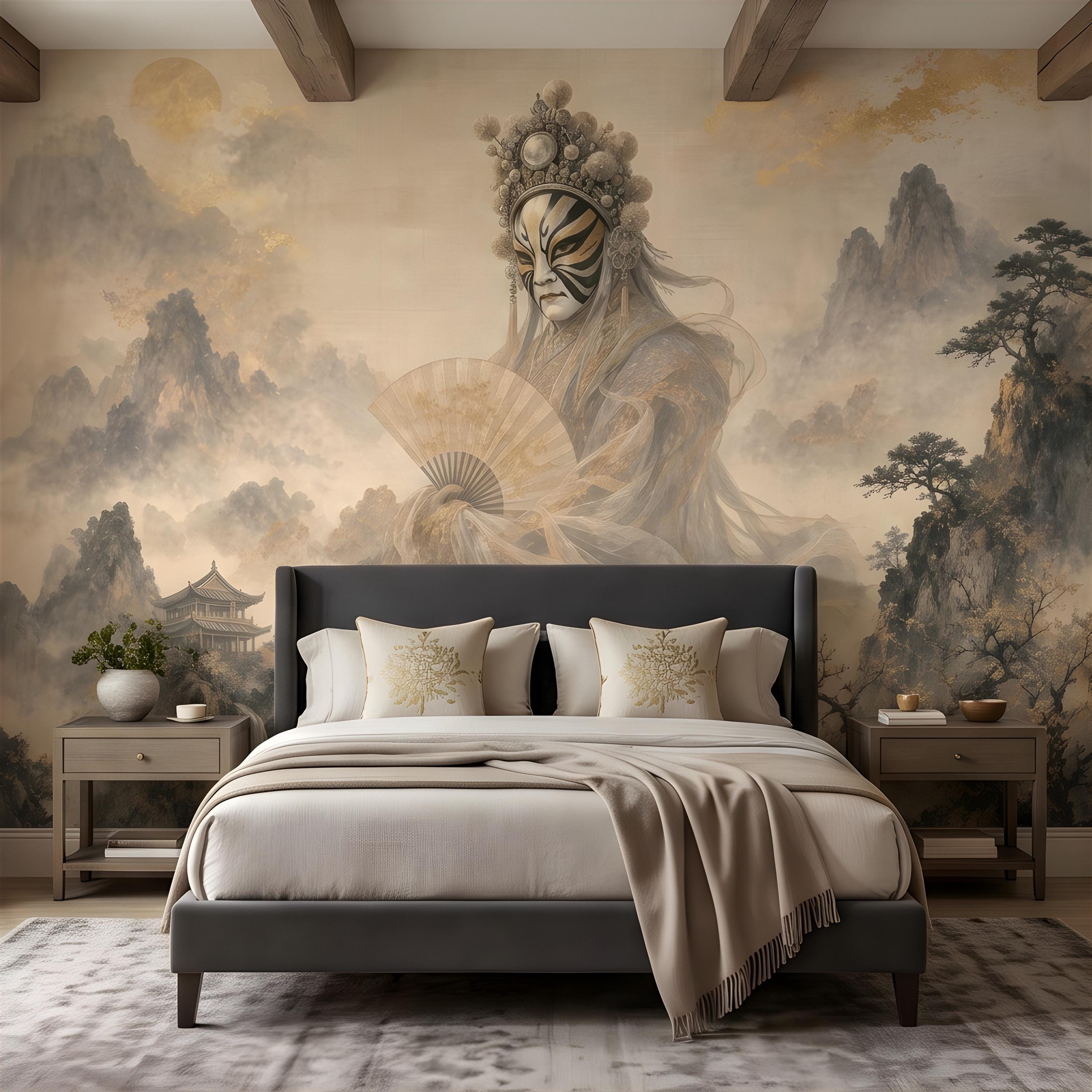 Mystic Oriental Figure Peel and Stick Wall Mural, Vintage Mountain Pagoda Landscape Traditional Asian Wallpaper