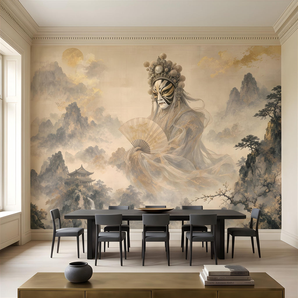 Mystic Oriental Figure Peel and Stick Wall Mural, Vintage Mountain Pagoda Landscape Traditional Asian Wallpaper