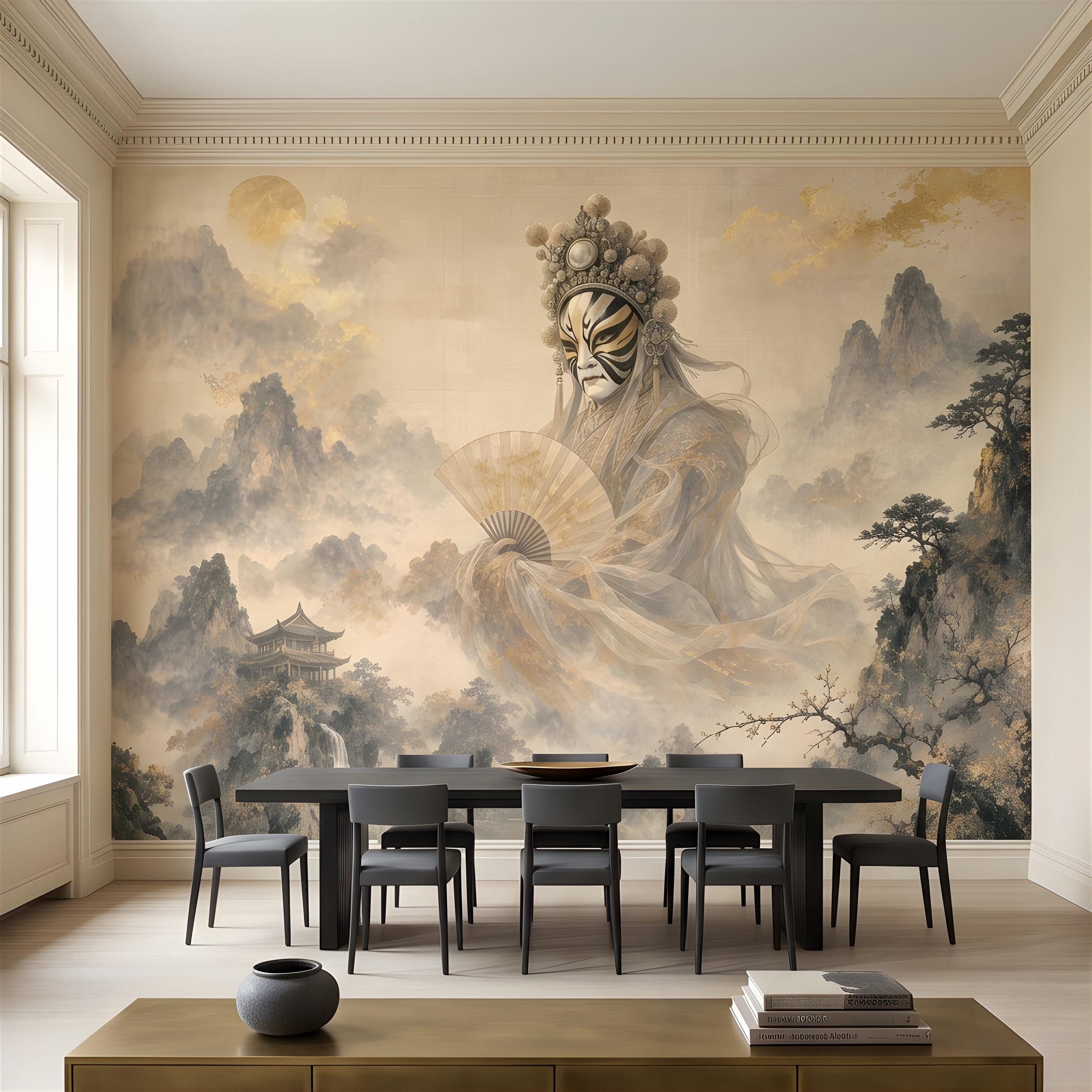 Mystic Oriental Figure Peel and Stick Wall Mural, Vintage Mountain Pagoda Landscape Traditional Asian Wallpaper
