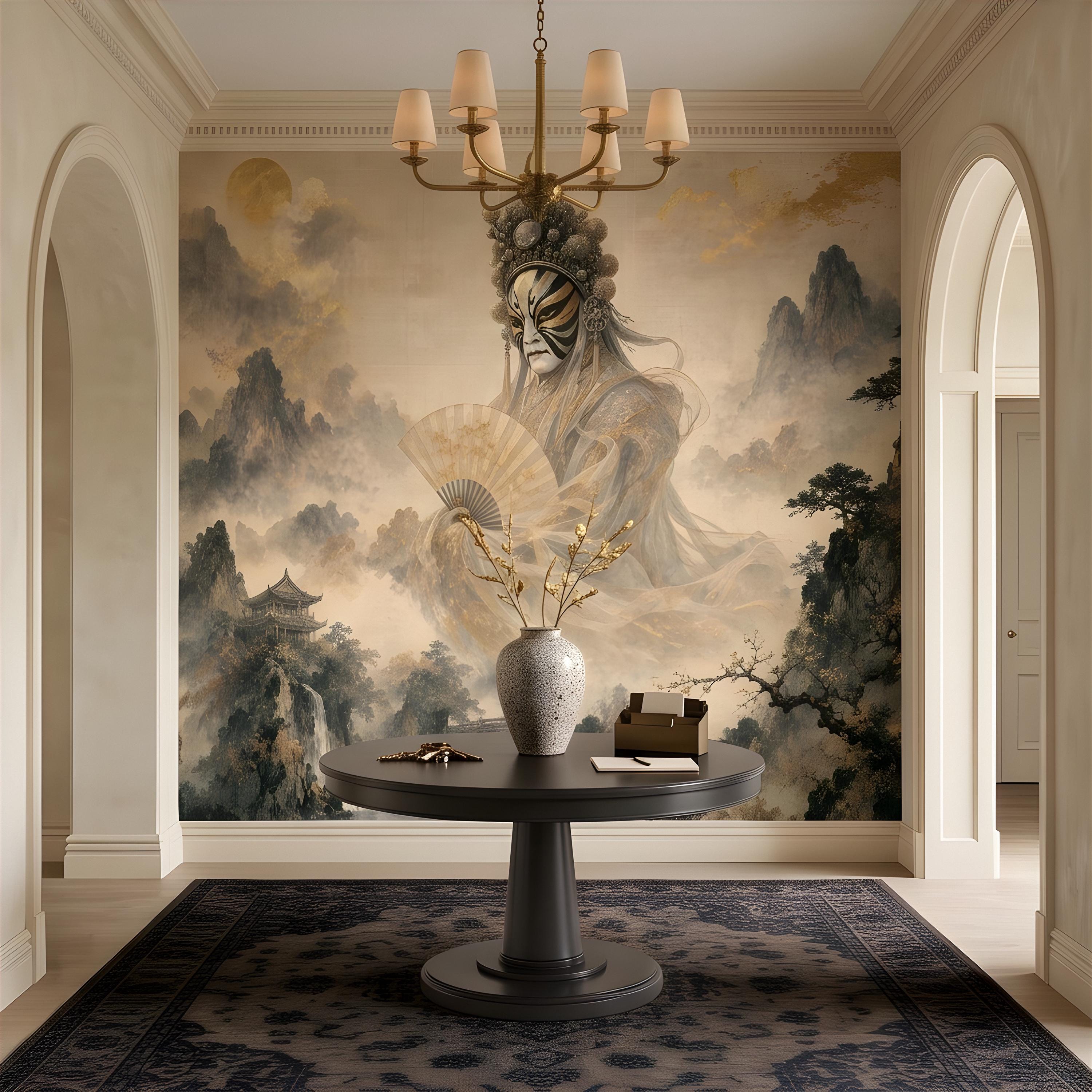 Mystic Oriental Figure Peel and Stick Wall Mural, Vintage Mountain Pagoda Landscape Traditional Asian Wallpaper