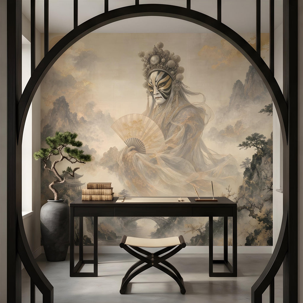 Mystic Oriental Figure Peel and Stick Wall Mural, Vintage Mountain Pagoda Landscape Traditional Asian Wallpaper