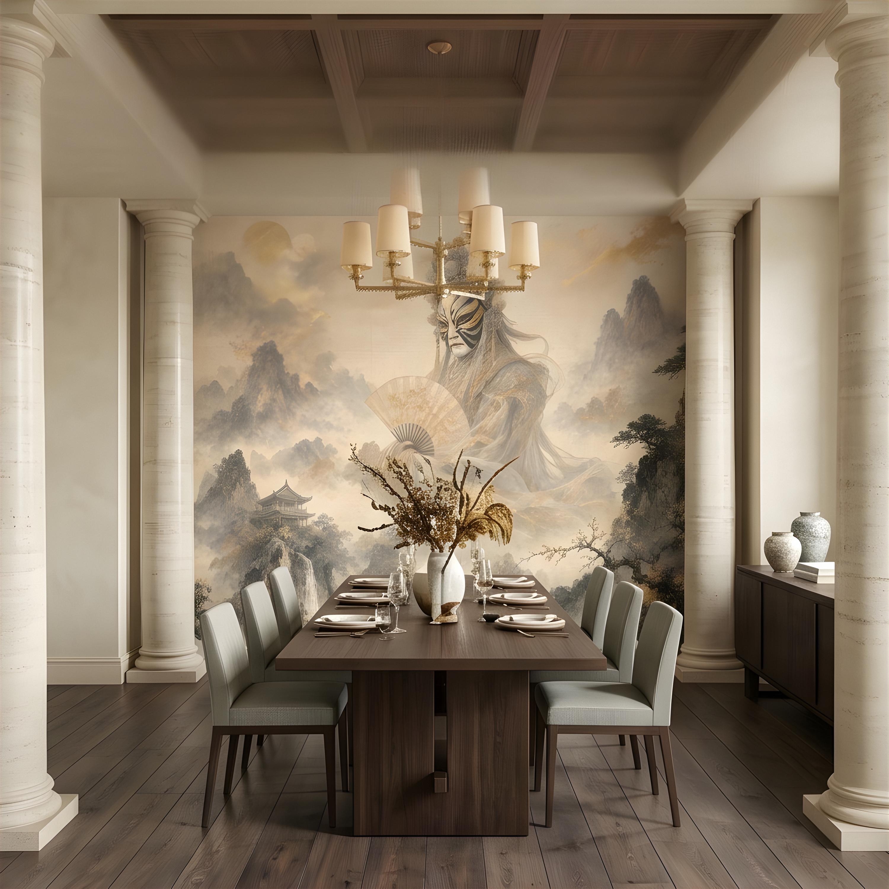 Mystic Oriental Figure Peel and Stick Wall Mural, Vintage Mountain Pagoda Landscape Traditional Asian Wallpaper