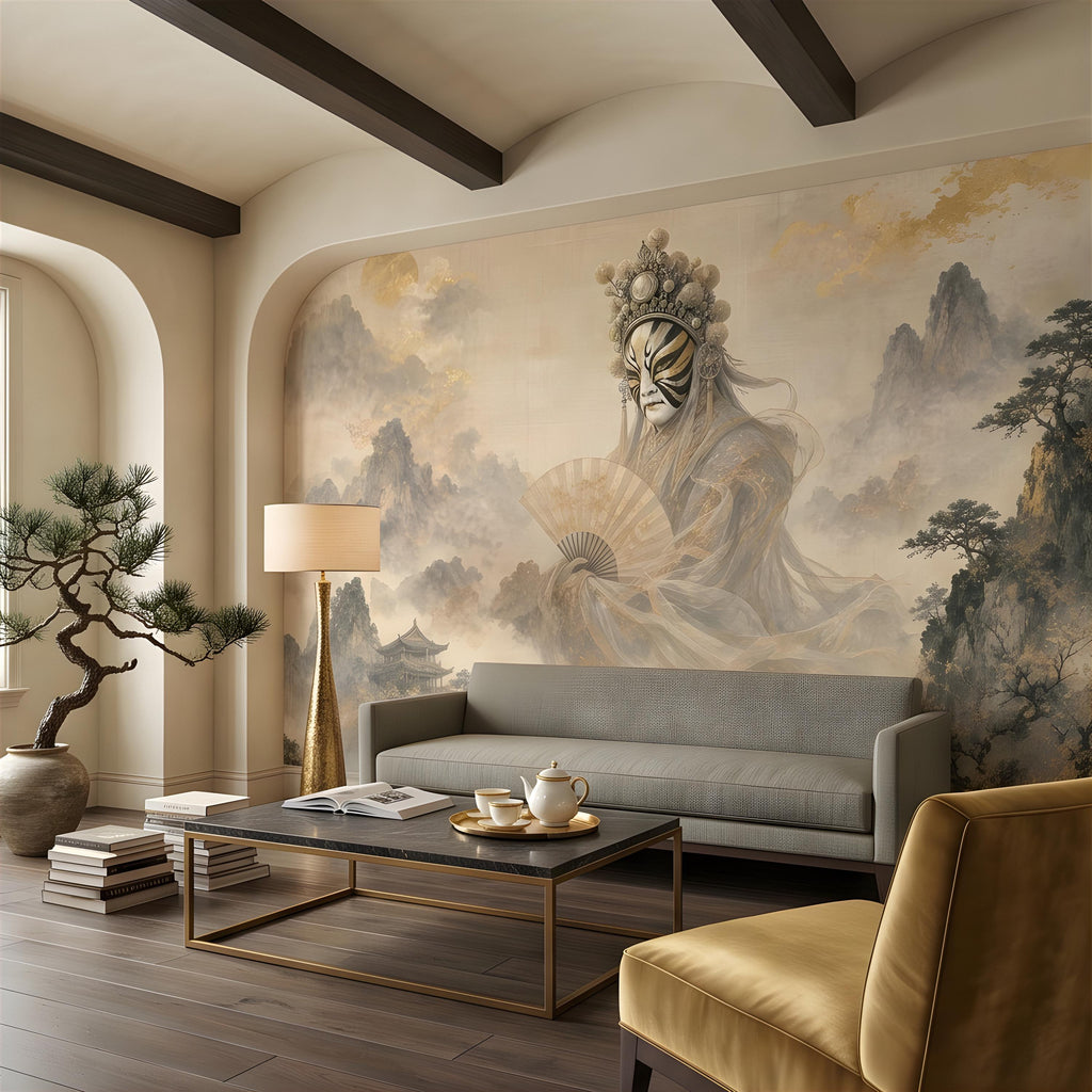 Mystic Oriental Figure Peel and Stick Wall Mural, Vintage Mountain Pagoda Landscape Traditional Asian Wallpaper
