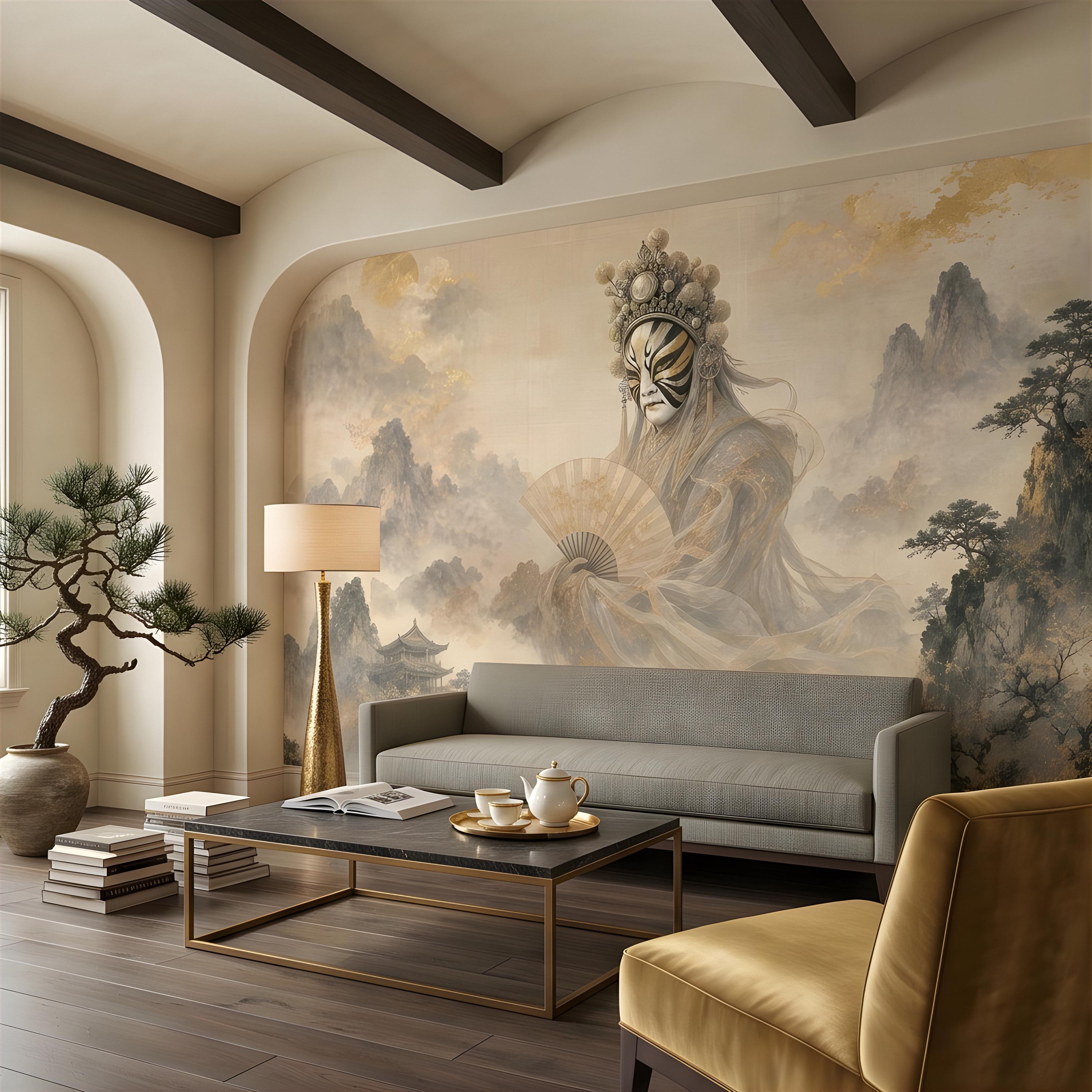 Mystic Oriental Figure Peel and Stick Wall Mural, Vintage Mountain Pagoda Landscape Traditional Asian Wallpaper