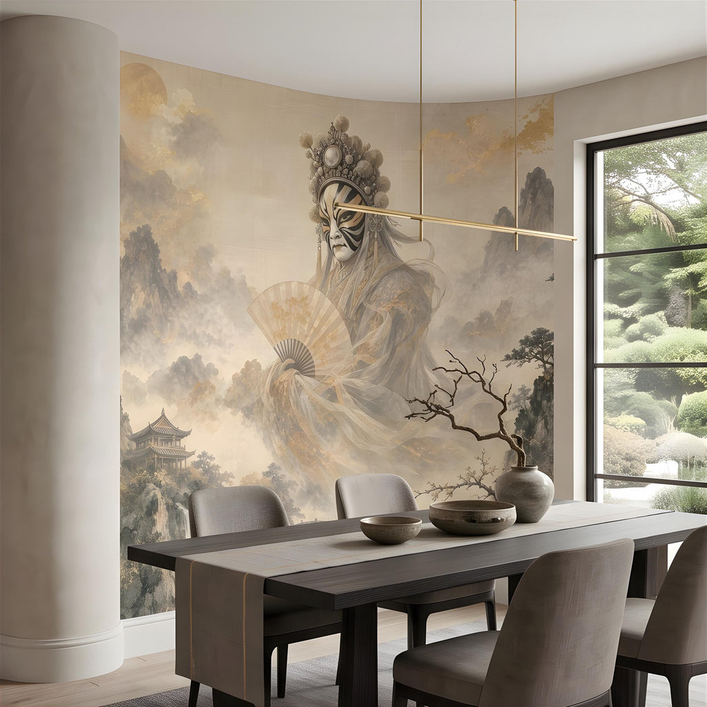 Mystic Oriental Figure Peel and Stick Wall Mural, Vintage Mountain Pagoda Landscape Traditional Asian Wallpaper
