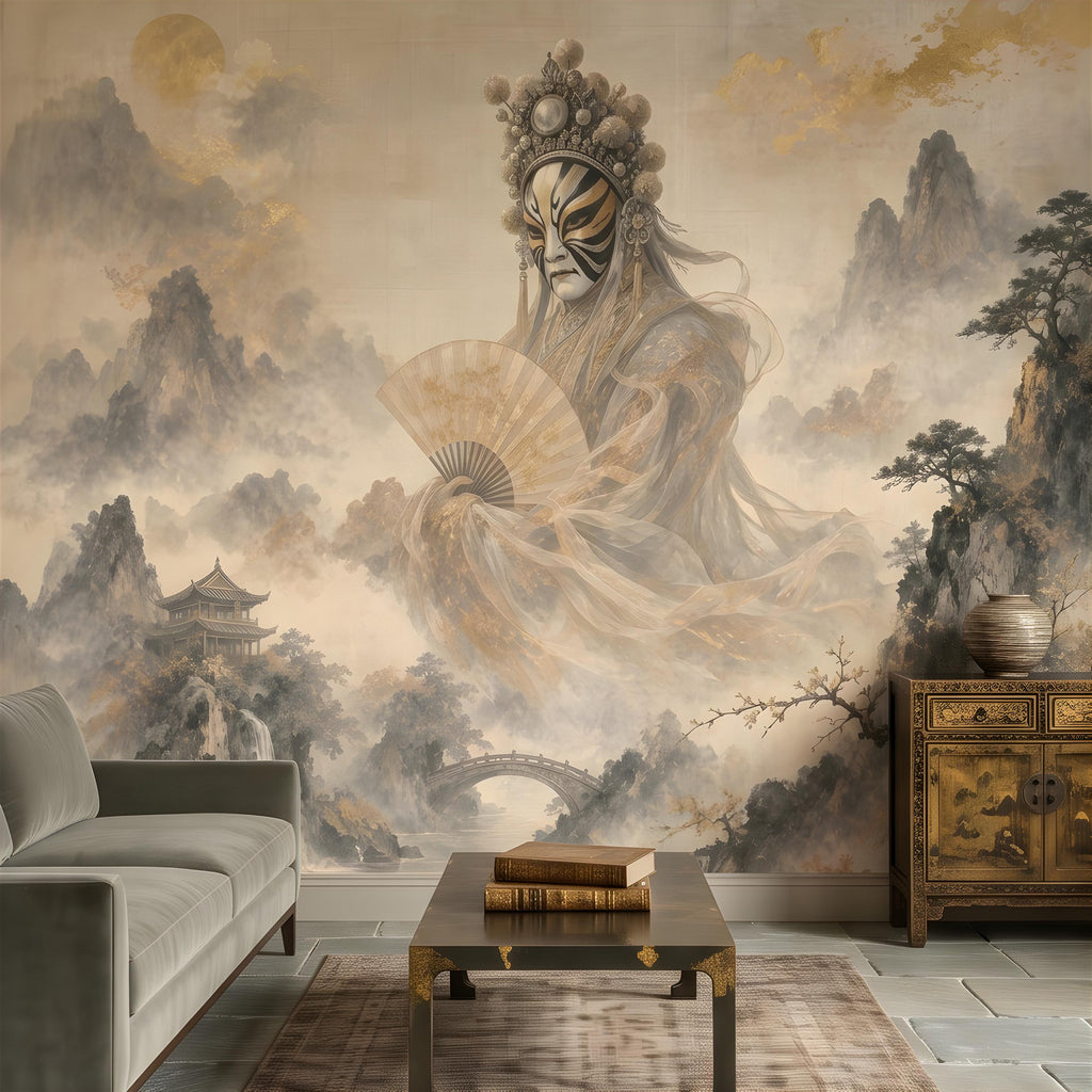 Mystic Oriental Figure Peel and Stick Wall Mural, Vintage Mountain Pagoda Landscape Traditional Asian Wallpaper