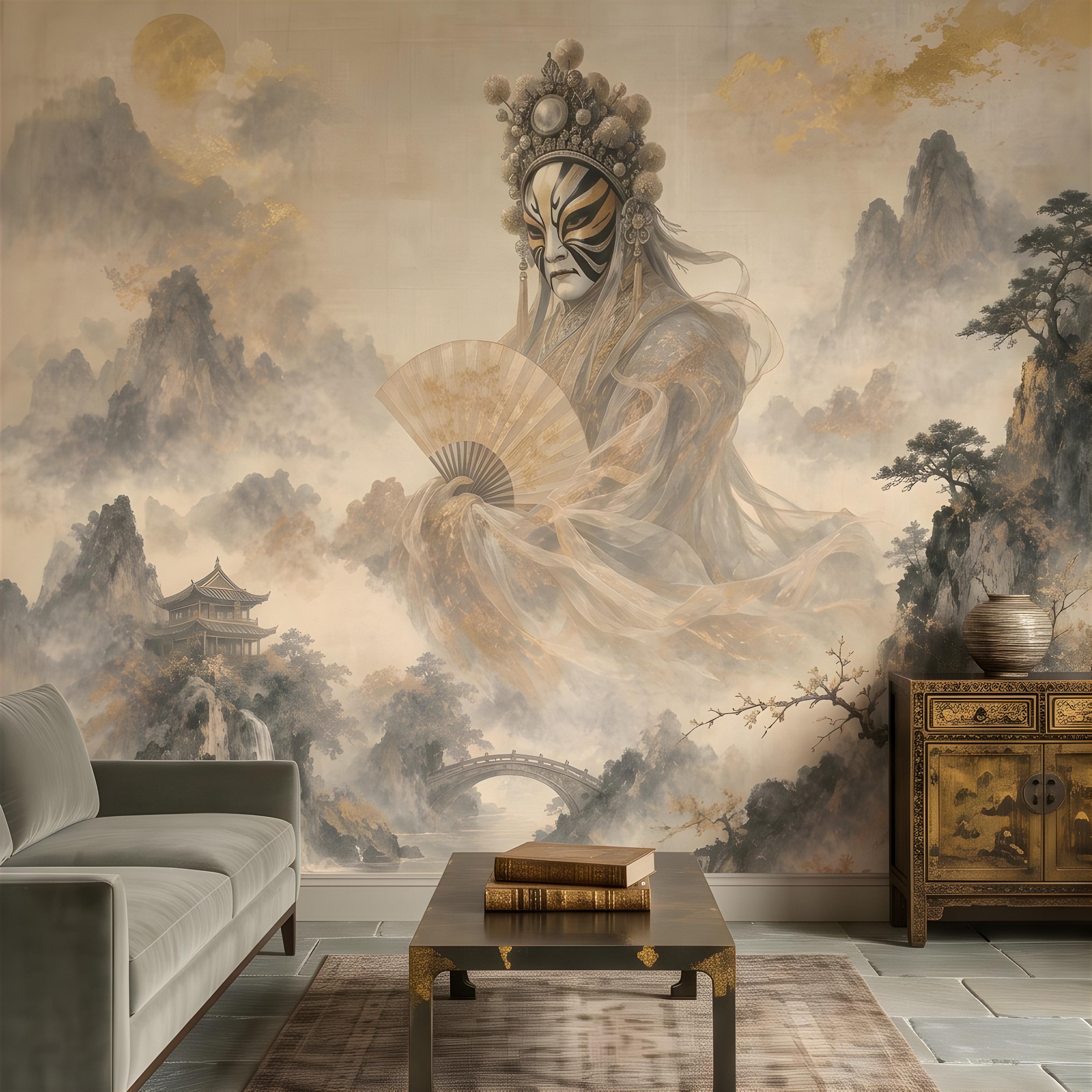Mystic Oriental Figure Peel and Stick Wall Mural, Vintage Mountain Pagoda Landscape Traditional Asian Wallpaper