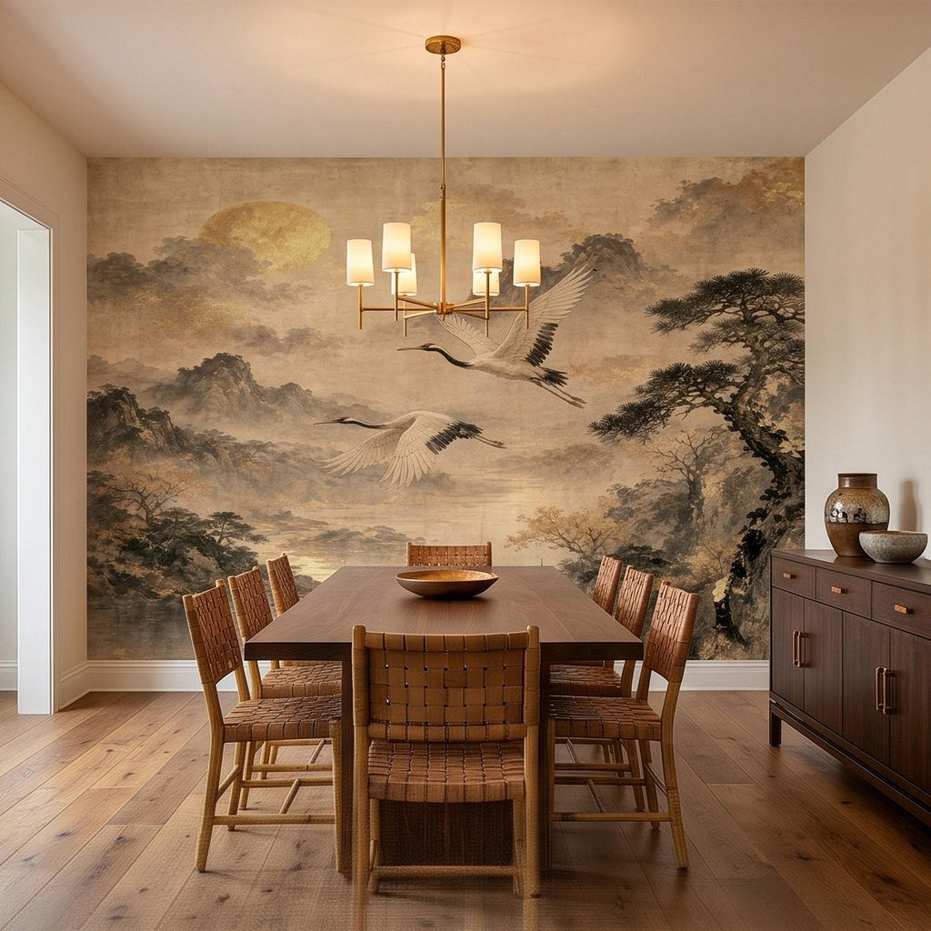Flying Cranes Peel and Stick Wall Mural, Vintage Oriental Landscape Mountain Pagoda Scenery Traditional Asian Wallpaper