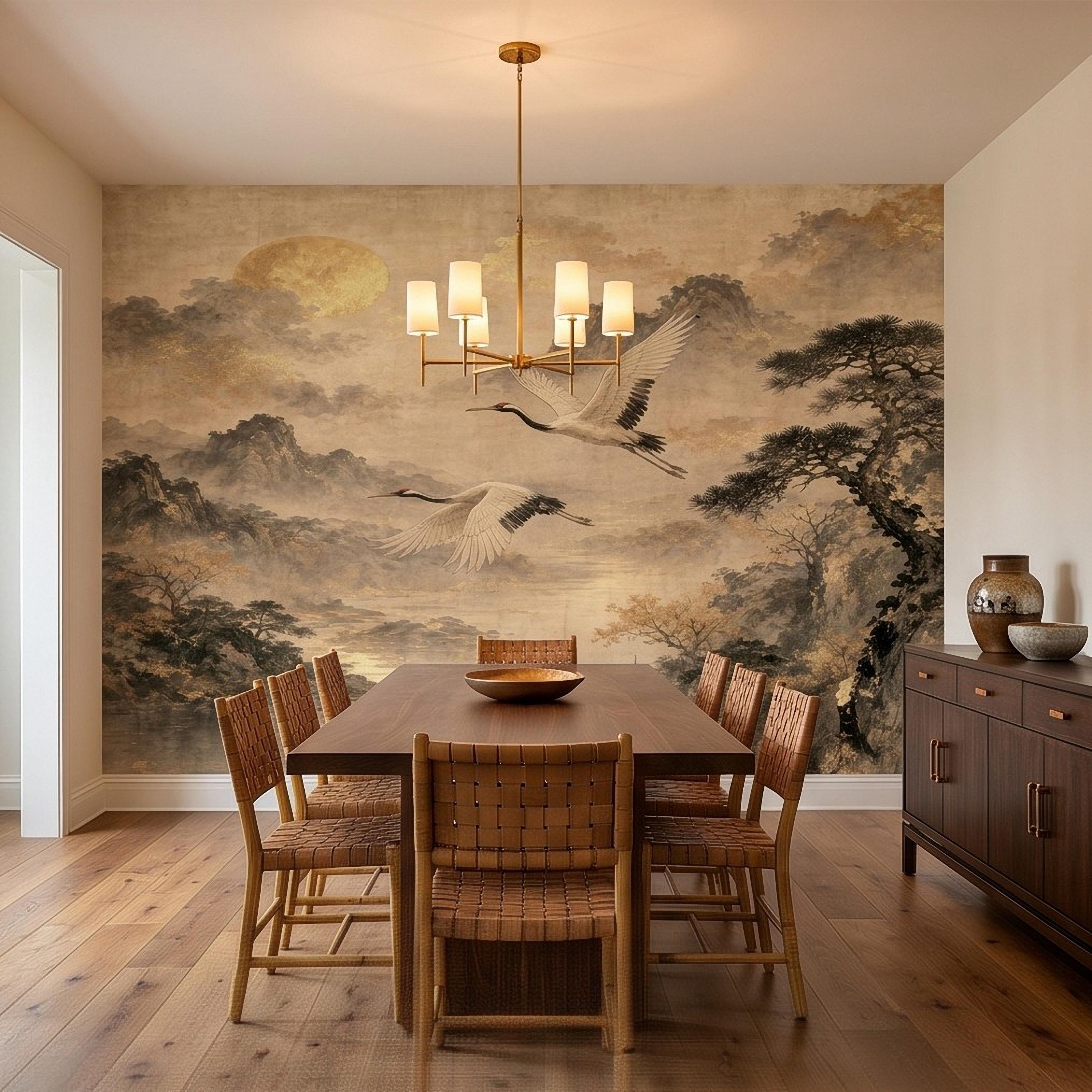 Flying Cranes Peel and Stick Wall Mural, Vintage Oriental Landscape Mountain Pagoda Scenery Traditional Asian Wallpaper