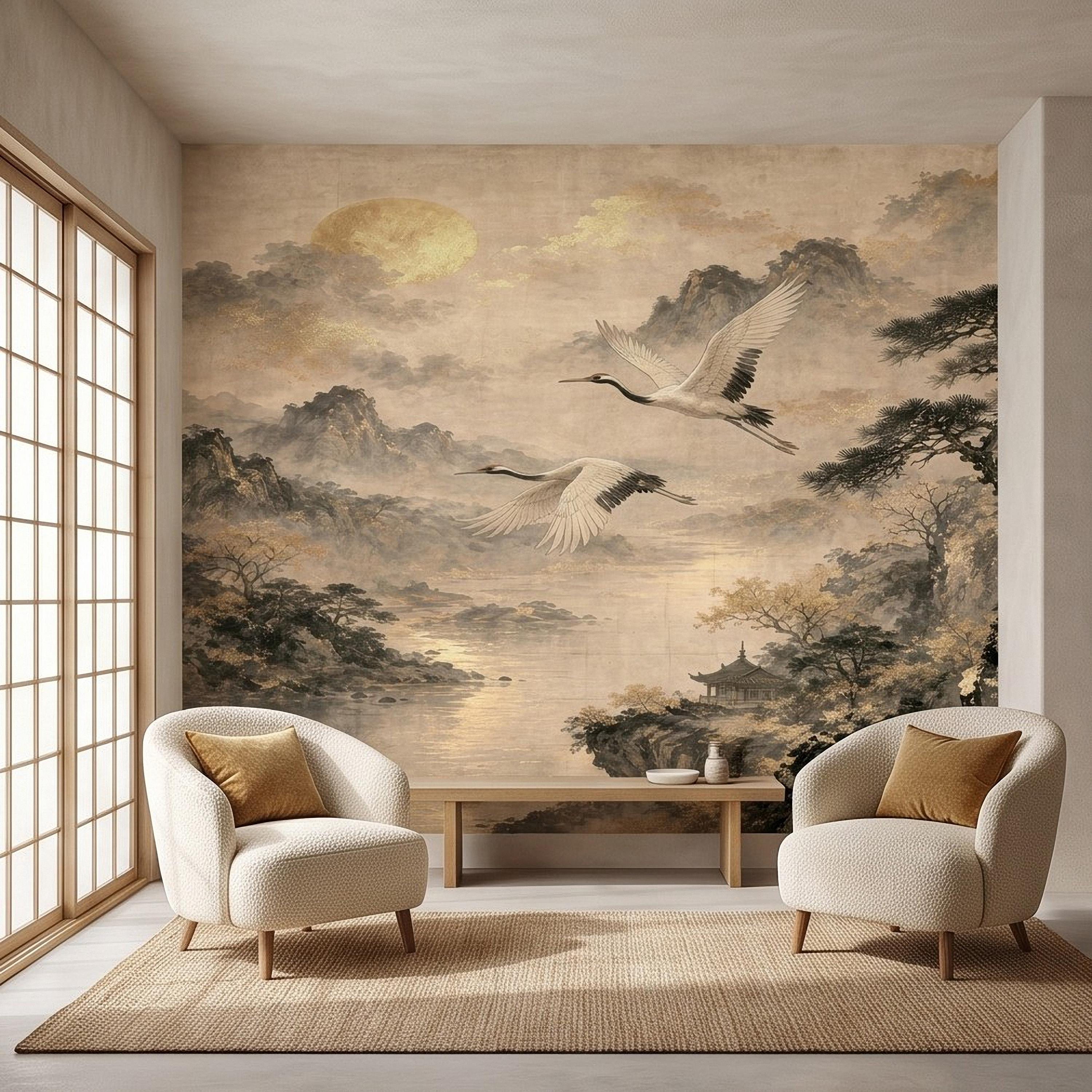 Flying Cranes Peel and Stick Wall Mural, Vintage Oriental Landscape Mountain Pagoda Scenery Traditional Asian Wallpaper