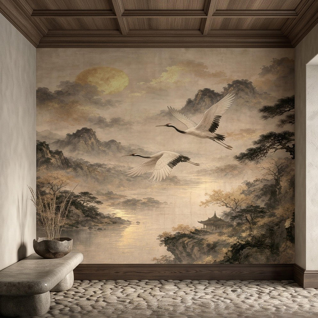 Flying Cranes Peel and Stick Wall Mural, Vintage Oriental Landscape Mountain Pagoda Scenery Traditional Asian Wallpaper