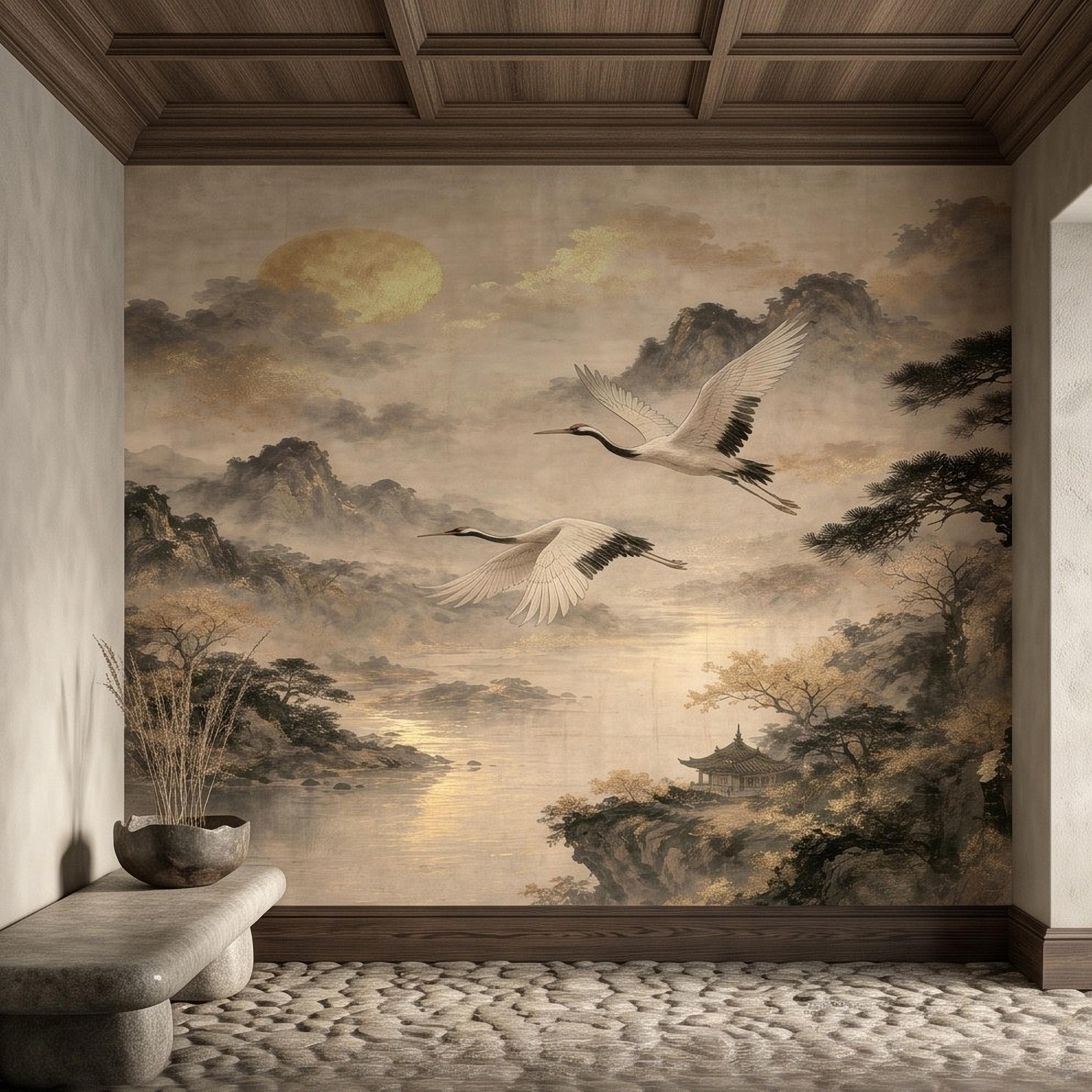 Flying Cranes Peel and Stick Wall Mural, Vintage Oriental Landscape Mountain Pagoda Scenery Traditional Asian Wallpaper