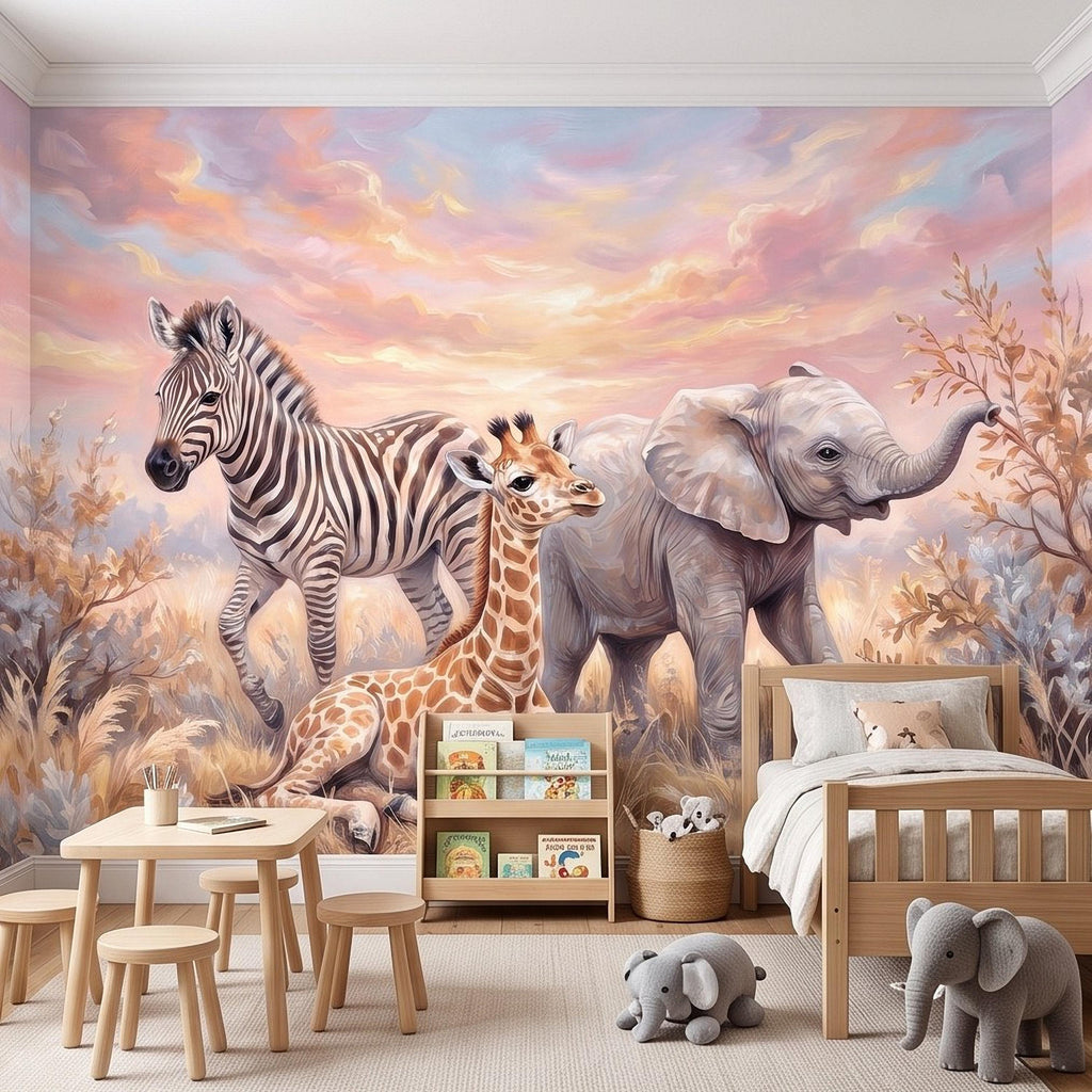 Safari Animals Peel and Stick Wall Mural, Baby Giraffe Zebra and Elephant Neutral Nursery Wallpaper