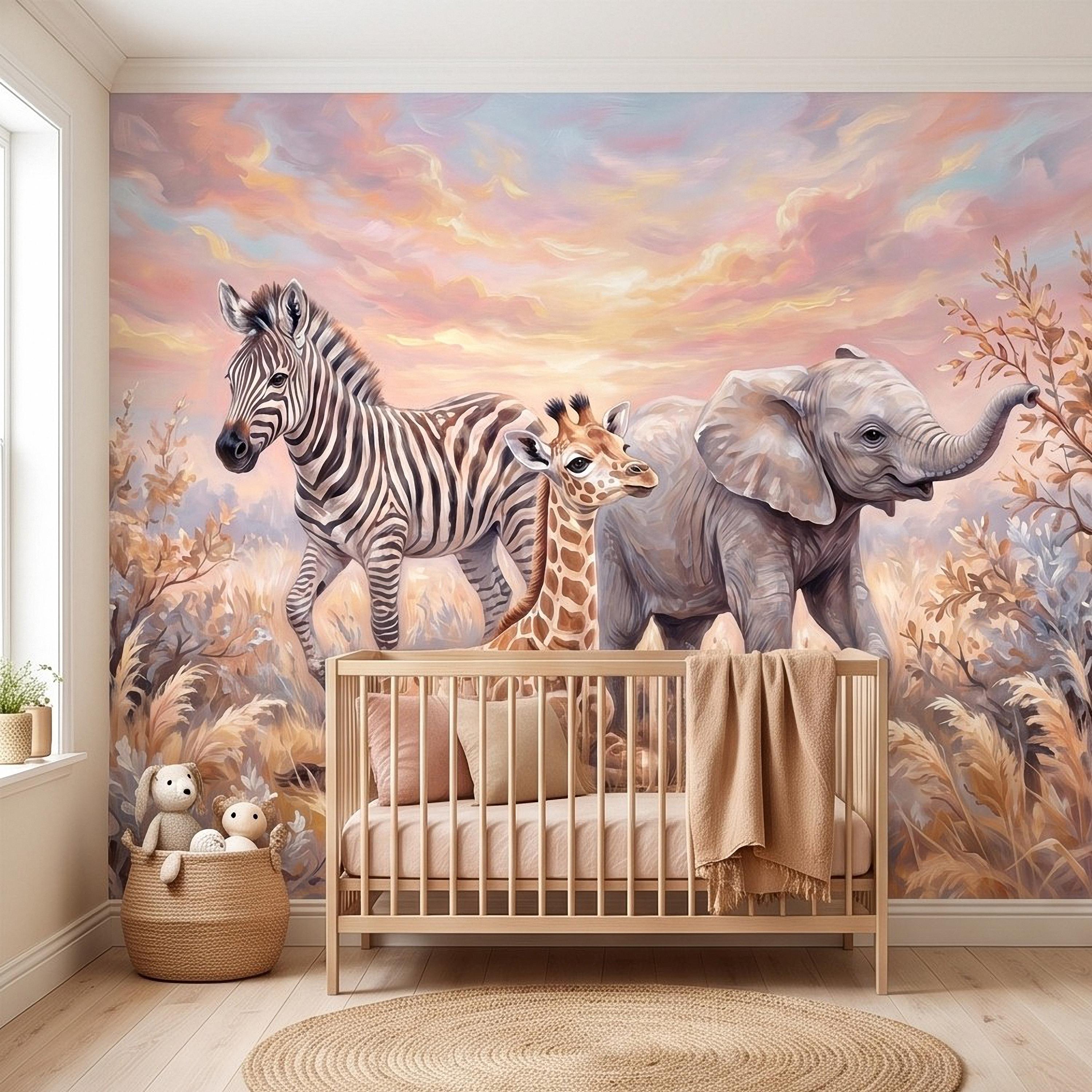 Safari Animals Peel and Stick Wall Mural, Baby Giraffe Zebra and Elephant Neutral Nursery Wallpaper
