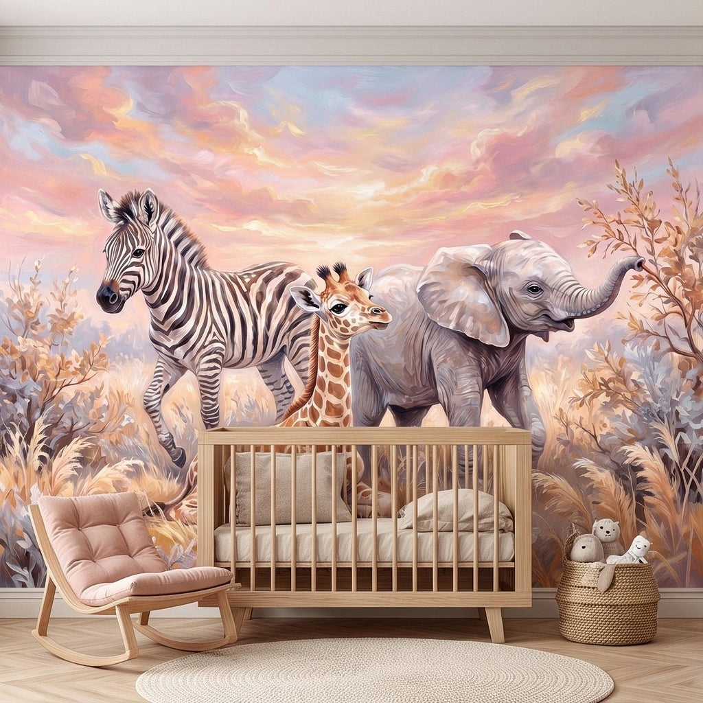 Safari Animals Peel and Stick Wall Mural, Baby Giraffe Zebra and Elephant Neutral Nursery Wallpaper