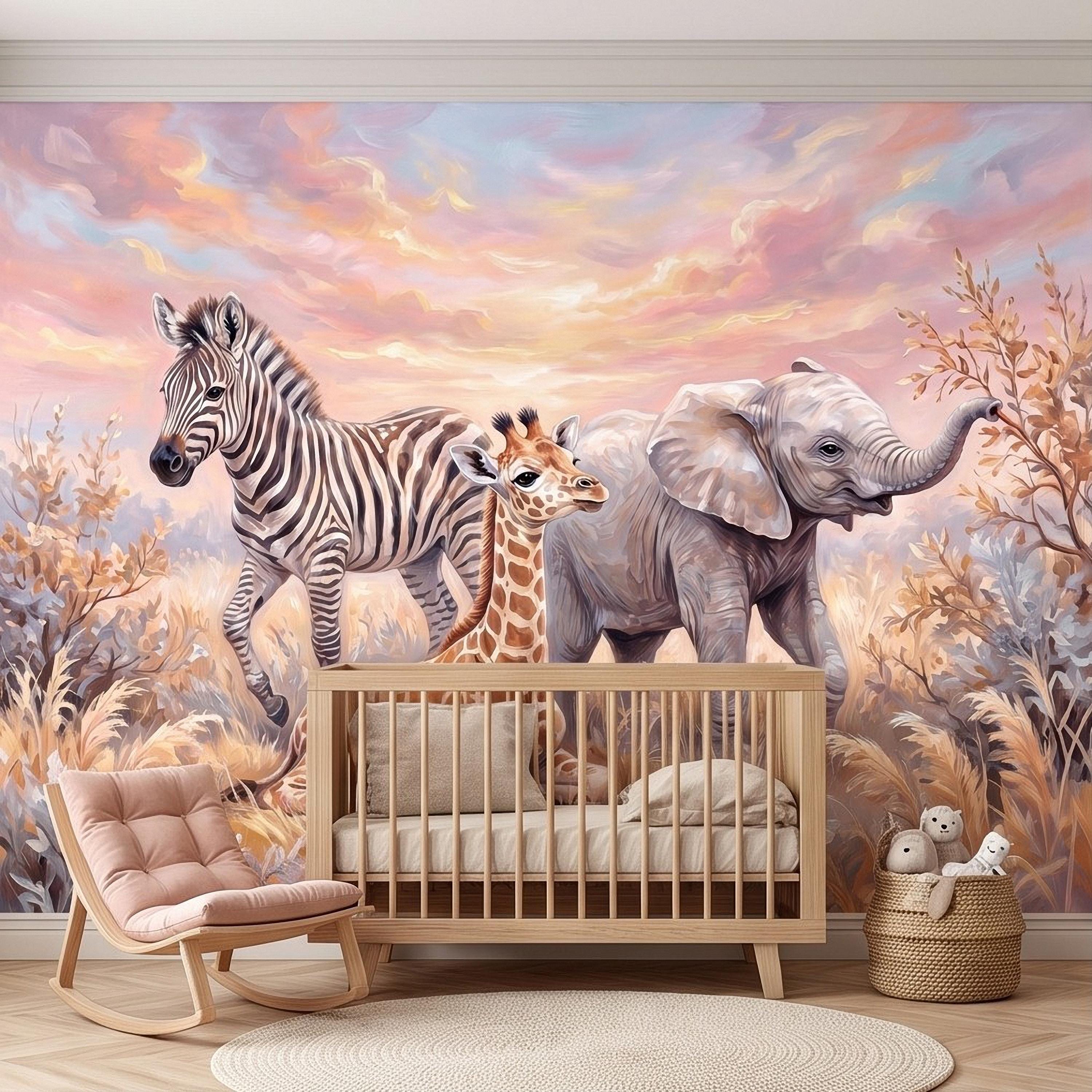 Safari Animals Peel and Stick Wall Mural, Baby Giraffe Zebra and Elephant Neutral Nursery Wallpaper
