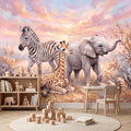 Safari Animals Peel and Stick Wall Mural, Baby Giraffe Zebra and Elephant Neutral Nursery Wallpaper
