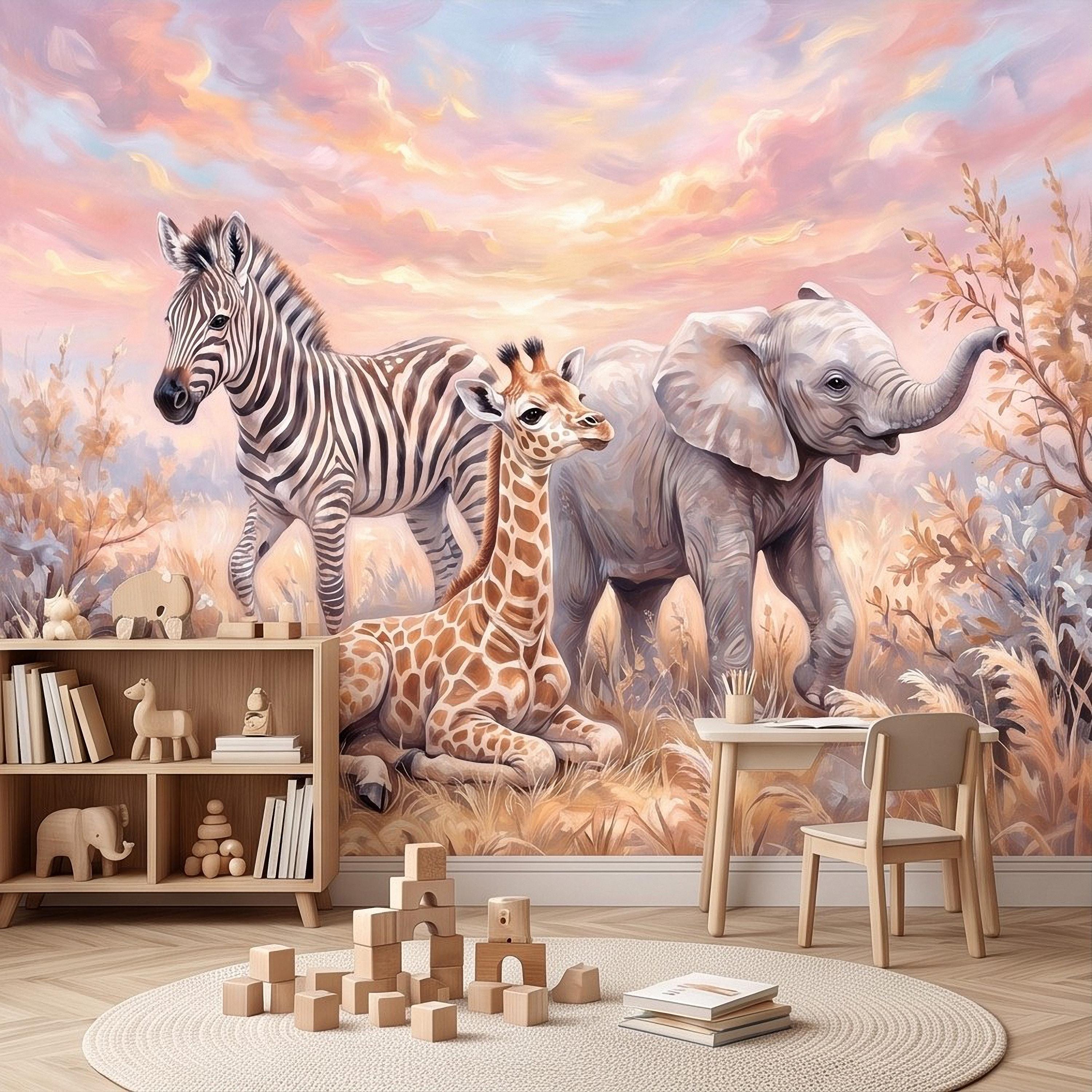 Safari Animals Peel and Stick Wall Mural, Baby Giraffe Zebra and Elephant Neutral Nursery Wallpaper