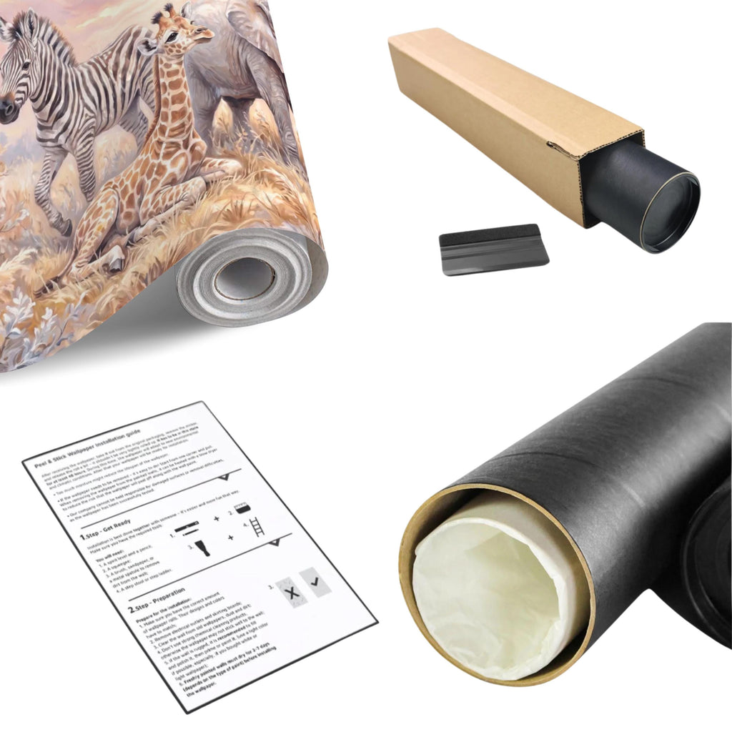Safari Animals Peel and Stick Wall Mural, Baby Giraffe Zebra and Elephant Neutral Nursery Wallpaper