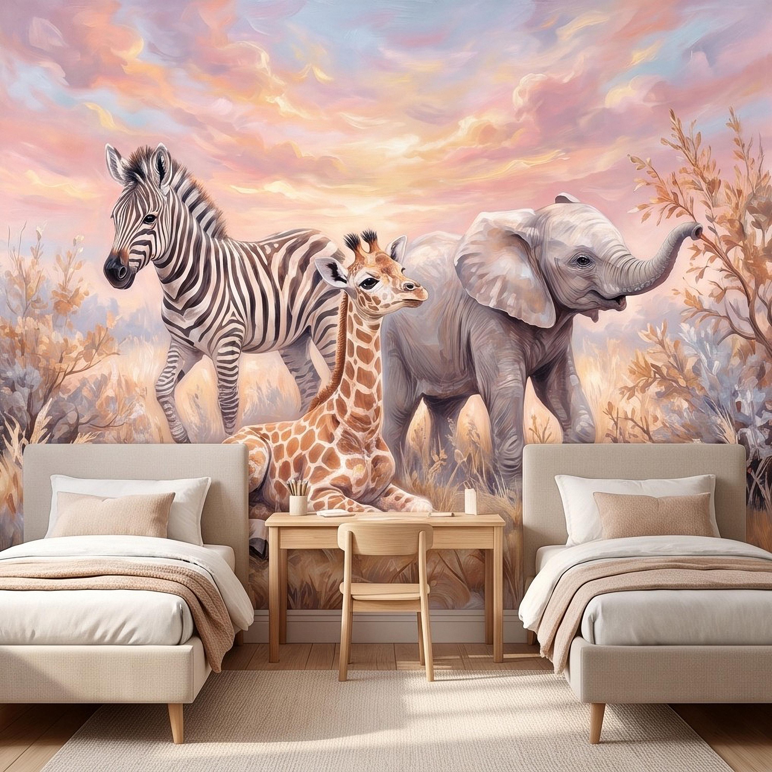 Safari Animals Peel and Stick Wall Mural, Baby Giraffe Zebra and Elephant Neutral Nursery Wallpaper