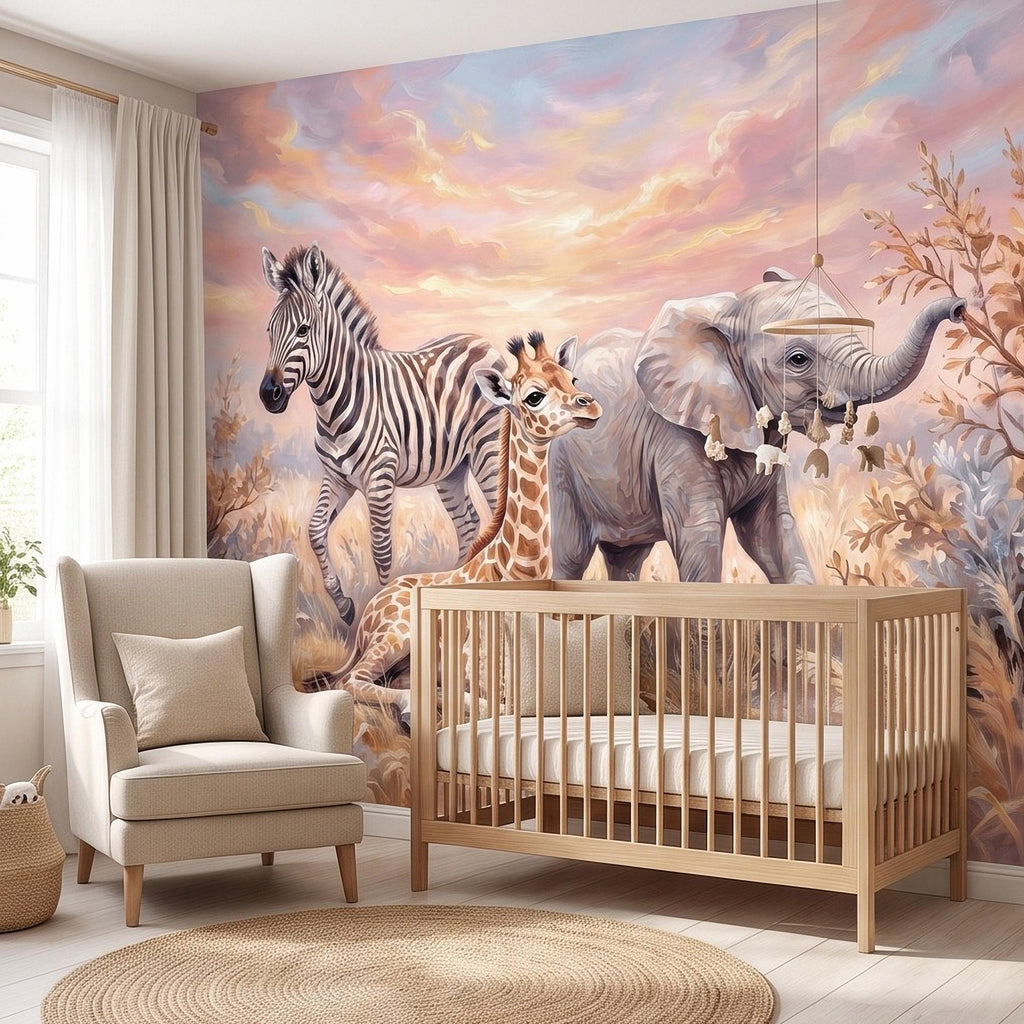 Safari Animals Peel and Stick Wall Mural, Baby Giraffe Zebra and Elephant Neutral Nursery Wallpaper