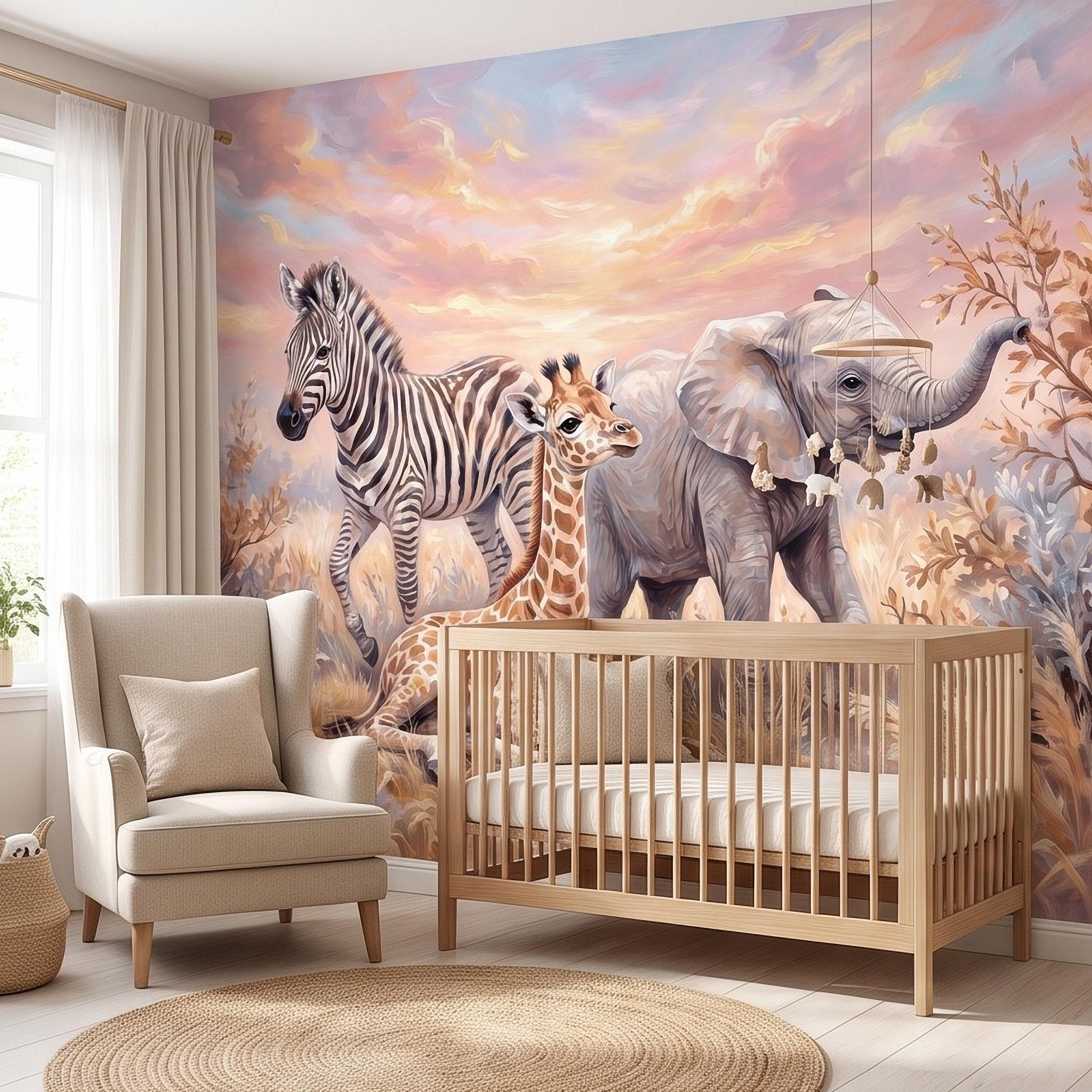 Safari Animals Peel and Stick Wall Mural, Baby Giraffe Zebra and Elephant Neutral Nursery Wallpaper