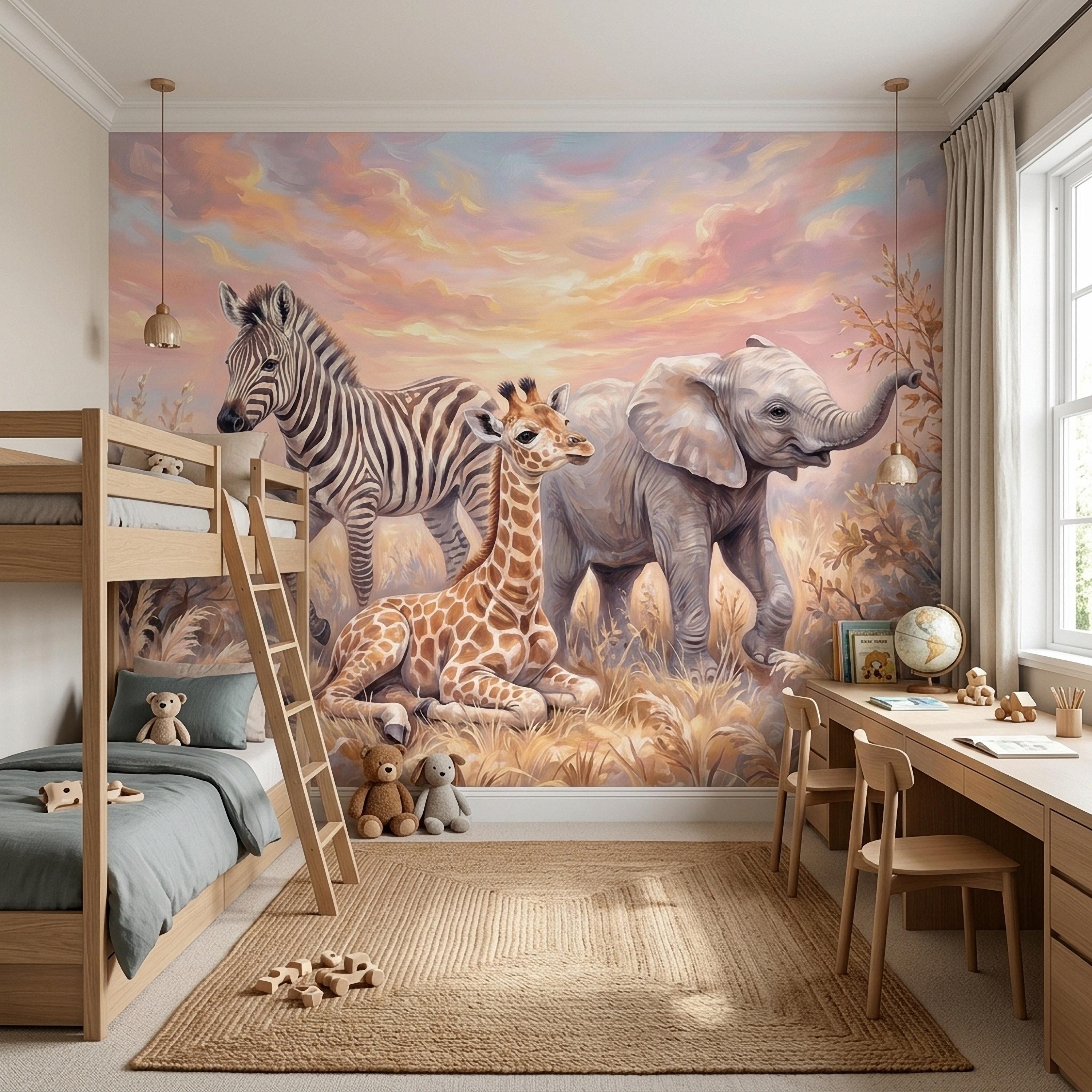 Safari Animals Peel and Stick Wall Mural, Baby Giraffe Zebra and Elephant Neutral Nursery Wallpaper
