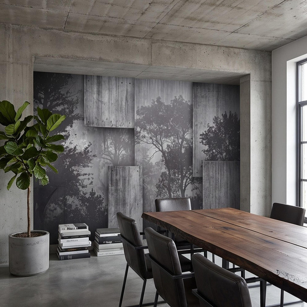 Industrial Concrete Peel and Stick Wall Mural, Layered Concrete Panels, Forest Silhouette, Modern Urban Wallpaper