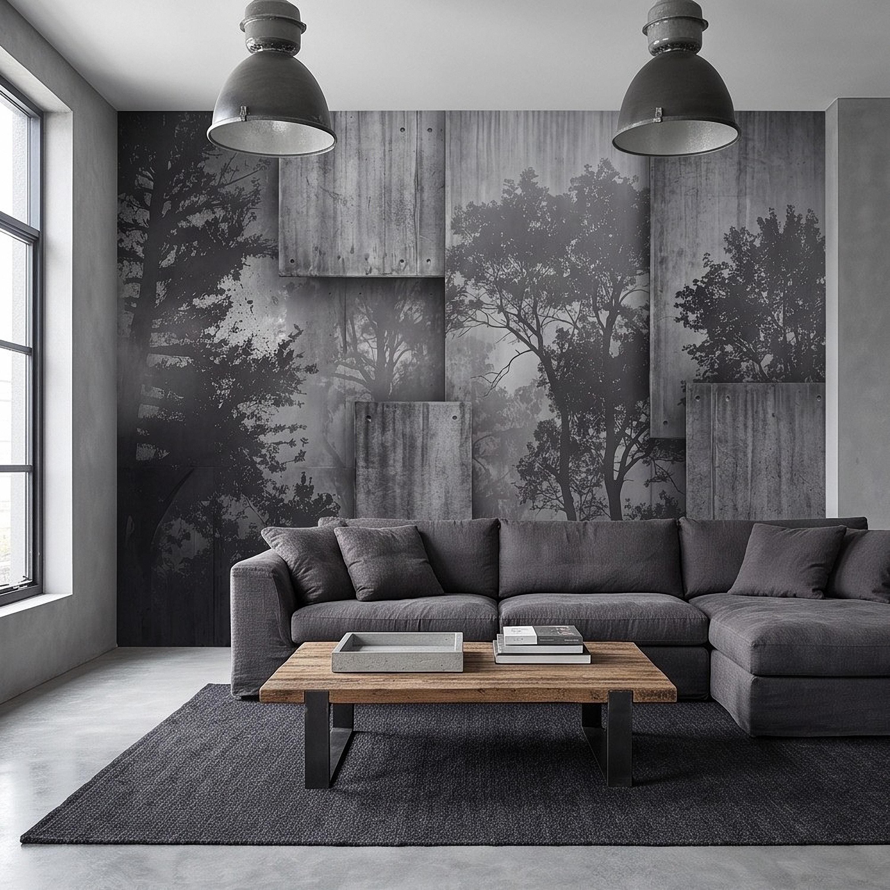 Industrial Concrete Peel and Stick Wall Mural, Layered Concrete Panels, Forest Silhouette, Modern Urban Wallpaper