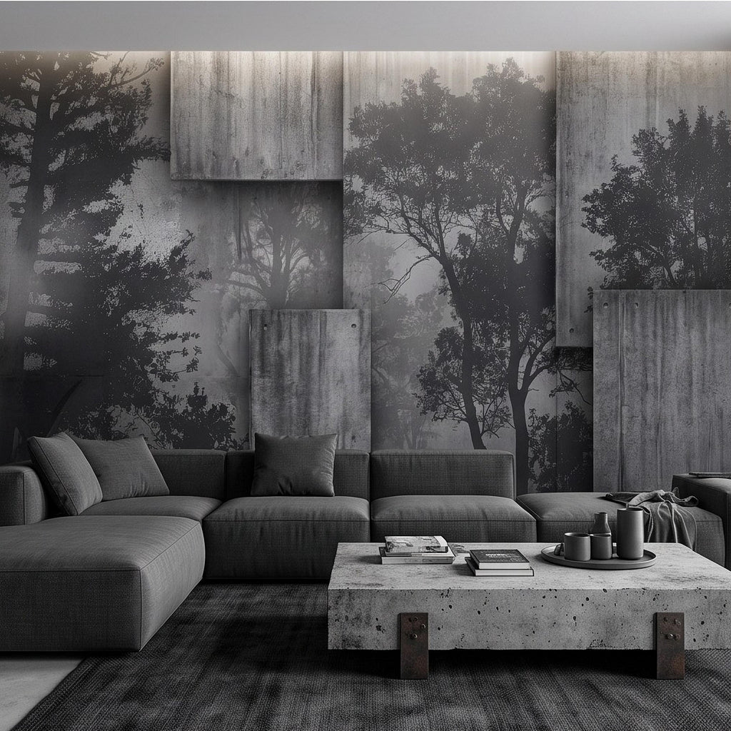 Industrial Concrete Peel and Stick Wall Mural, Layered Concrete Panels, Forest Silhouette, Modern Urban Wallpaper