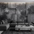 Industrial Concrete Peel and Stick Wall Mural, Layered Concrete Panels, Forest Silhouette, Modern Urban Wallpaper